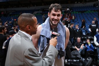 MINNEAPOLIS, MN - FEBRUARY 19: Kevin Love #42 of the Minnesota Timberwolves speaks with the media after the Indiana Pacers during the game on February 19, 2014 at Target Center in Minneapolis, Minnesota. NOTE TO USER: User expressly acknowledges and agree