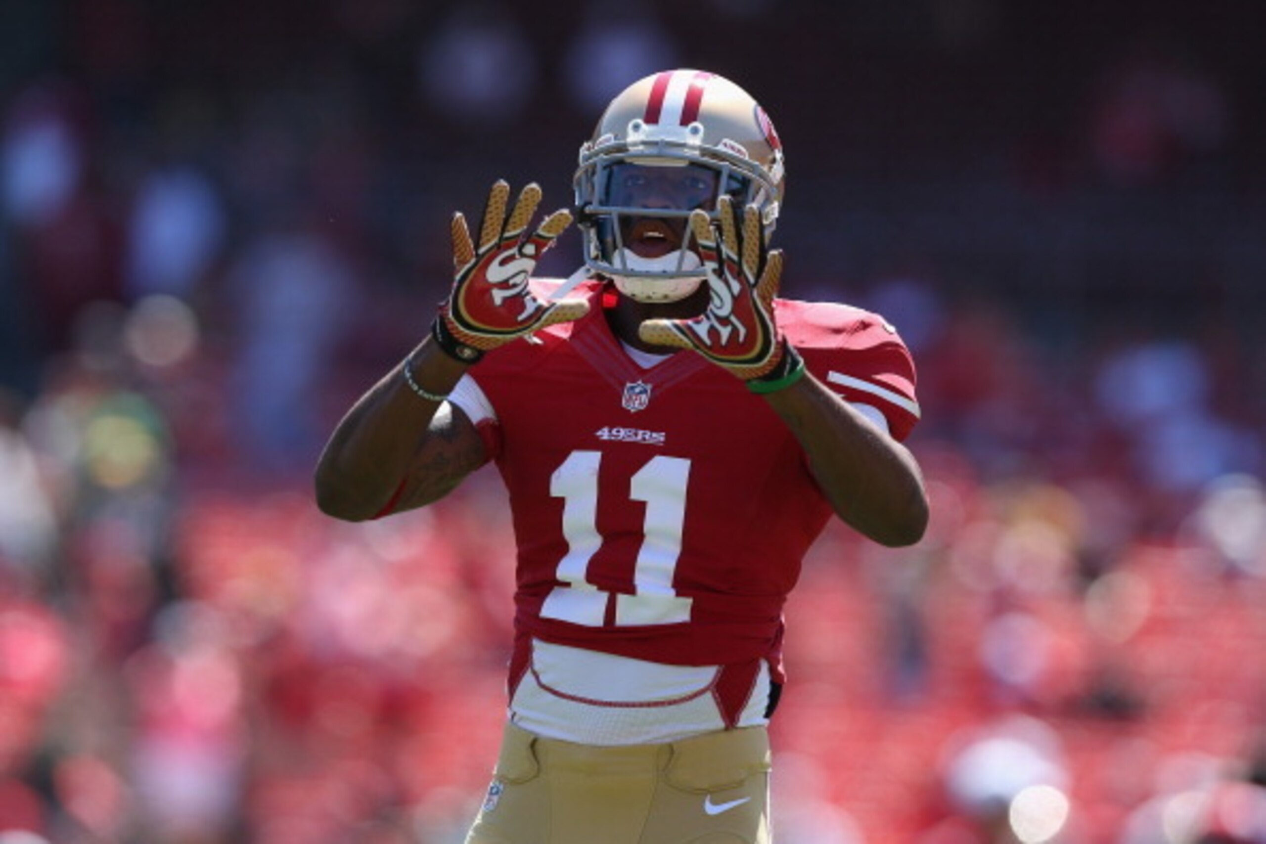 SAN FRANCISCO, CA - SEPTEMBER 08:  Wide receiver Quinton Patton #11 of the San Francisco 49ers warms up prior to the start of the game against the Green Bay Packers at Candlestick Park on September 8, 2013 in San Francisco, California.  (Photo by Jeff Gro