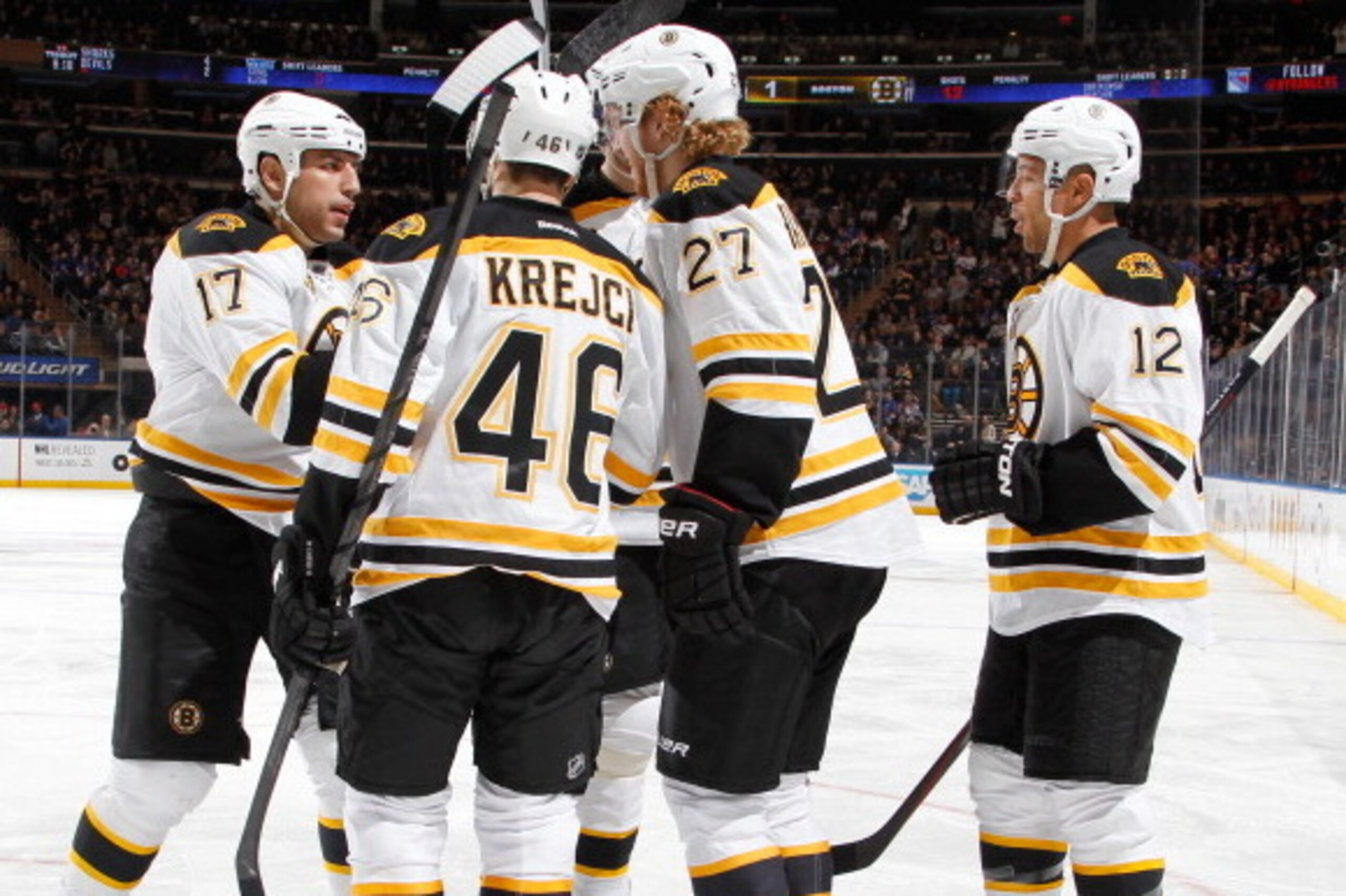 NEW YORK, NY - MARCH 02:  Dougie Hamilton #27, Milan Lucic #17, Jarome Iginla #12, and David Krejci #46 of the Boston Bruins celebrate after a second-period goal against the New York Rangers at Madison Square Garden on March 2, 2014 in New York City. (Pho