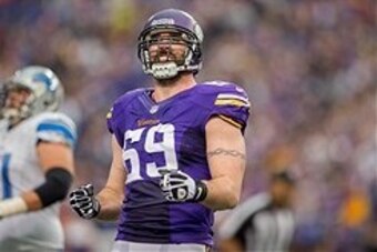 Dec 29, 2013; Minneapolis, MN, USA; Minnesota Vikings defensive end Jared Allen (69) reacts against the Detroit Lions in the second quarter at Mall of America Field at H.H.H. Metrodome. The Vikings win 14-13. Mandatory Credit: Bruce Kluckhohn-USA TODAY Sp