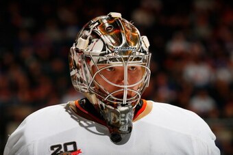 UNIONDALE, NY - DECEMBER 21:  Frederik Andersen #31 of the Anaheim Ducks looks on against the New York Islanders at Nassau Veterans Memorial Coliseum on December 21, 2013 in Uniondale, New York. The Ducks defeated the Islanders 5-3.  (Photo by Mike Stobe/