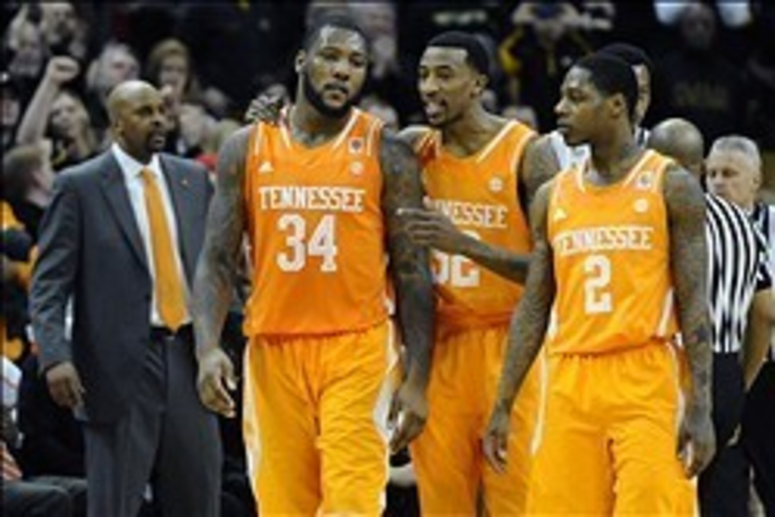 Feb 15, 2014; Columbia, MO, USA; Tennessee Volunteers forward Jeronne Maymon (34) and guard Jordan McRae (52) and guard Antonio Barton (2) talk during the second half at Mizzou Arena. The Missouri Tigers defeated the Tennessee Volunteers 75-70. Mandatory 