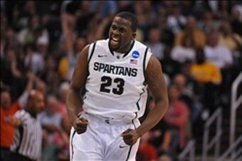 March 22, 2012; Phoenix, AZ, USA; Michigan State Spartans forward Draymond Green (23) reacts after a play during the first half in the semifinals of the west region of the 2012 NCAA men's basketball tournament against the Louisville Cardinals at US Airway