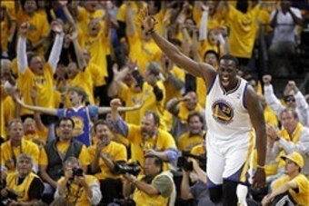 Apr 26, 2013; Oakland, CA, USA; Golden State Warriors forward Draymond Green (23) reacts after making a three point basket against the Denver Nuggets in the fourth quarter during game three of the first round of the 2013 NBA playoffs at Oracle Arena. The 