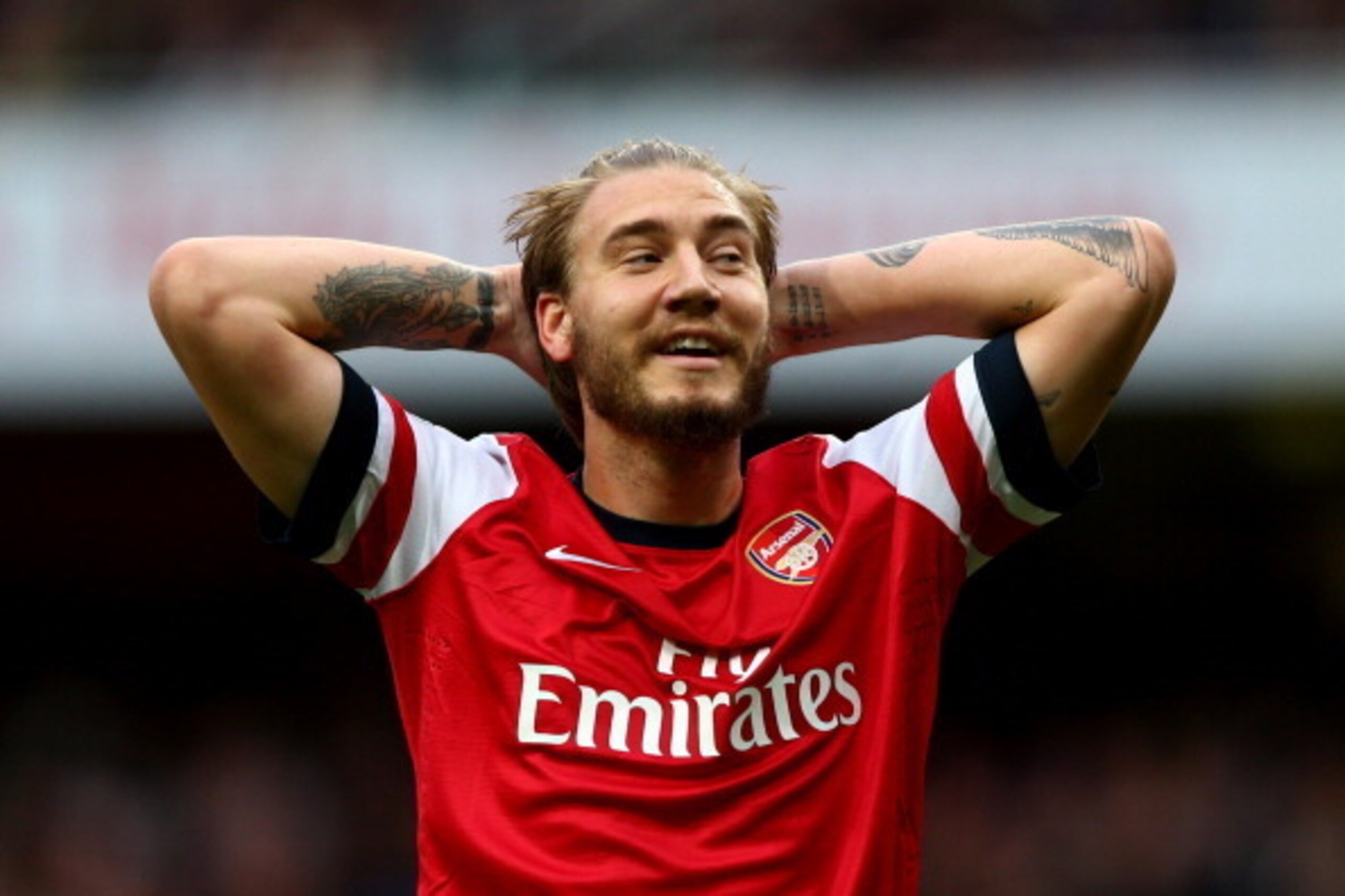 LONDON, ENGLAND - OCTOBER 19:  Nicklas Bendtner of Arsenal reacts during the Barclays Premier League match between Arsenal and Norwich City at Emirates Stadium on October 19, 2013 in London, England.  (Photo by Paul Gilham/Getty Images)