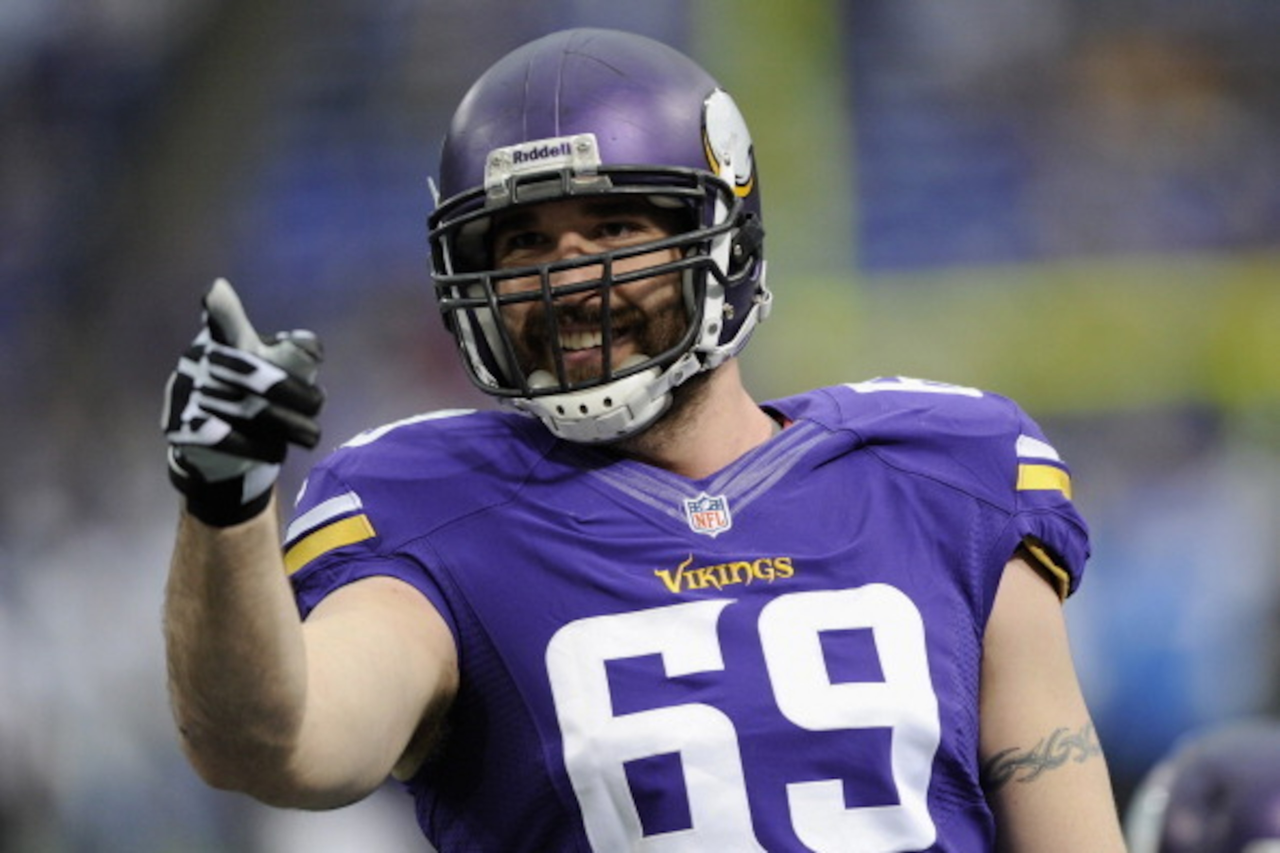 MINNEAPOLIS, MN - DECEMBER 29: Jared Allen #69 of the Minnesota Vikings looks on before the game against the Detroit Lions on December 29, 2013 at Mall of America Field at the Hubert H. Humphrey Metrodome in Minneapolis, Minnesota. (Photo by Hannah Foslie