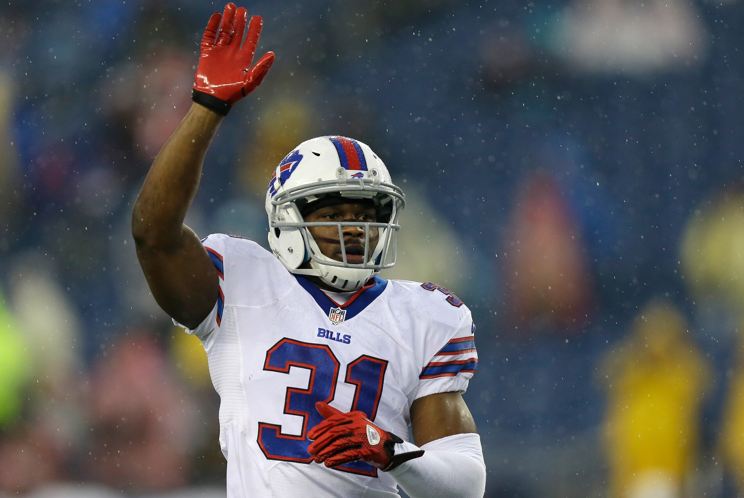 Buffalo Bills safety Jairus Byrd warms up before an NFL football game against the New England Patriots Sunday, Dec. 29, 2013, in Foxborough, Mass. (AP Photo/Steven Senne)