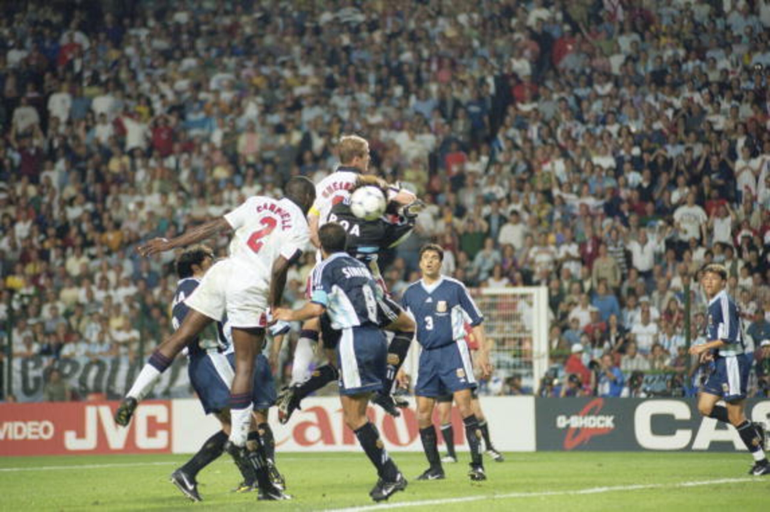 30 Jun 1998:  Sol Campbell (no.2) of England rises to head the ball into the back of the Argentina net, but the goal is disallowed for Alan Shearer's elbow on goalkeeper Carlos Roa during the World Cup second round match at the Stade Geoffroy Guichard inS