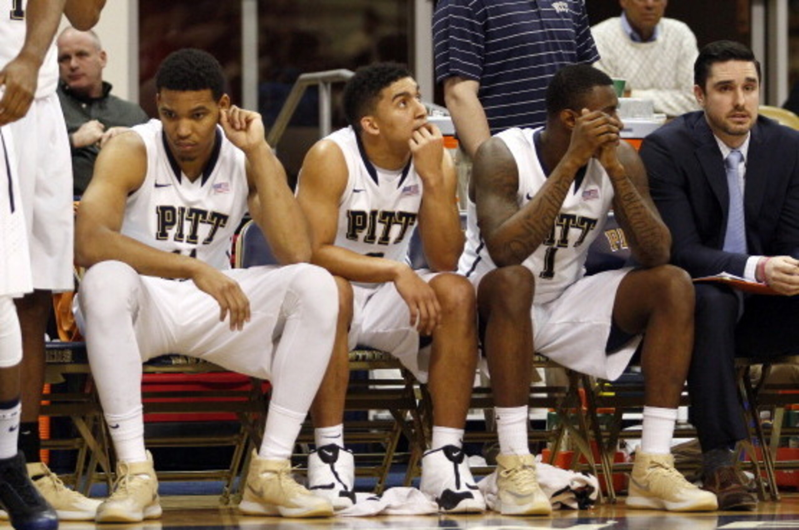 PITTSBURGH, PA - MARCH 03: Derrick Randall #11, James Robinson #0 and Jamel Artis #1 of the Pittsburgh Panthers react to losing to the North Carolina State Wolfpack 74-67 at Petersen Events Center on March 3, 2014 in Pittsburgh, Pennsylvania. (Photo by PITTSBURGH, PA - MARCH 03: Derrick Randall #11, James Robinson #0 and Jamel Artis #1 of the Pittsburgh Panthers react to losing to the North Carolina State Wolfpack 74-67 at Petersen Events Center on March 3, 2014 in Pittsburgh, Pennsylvania. (Photo by