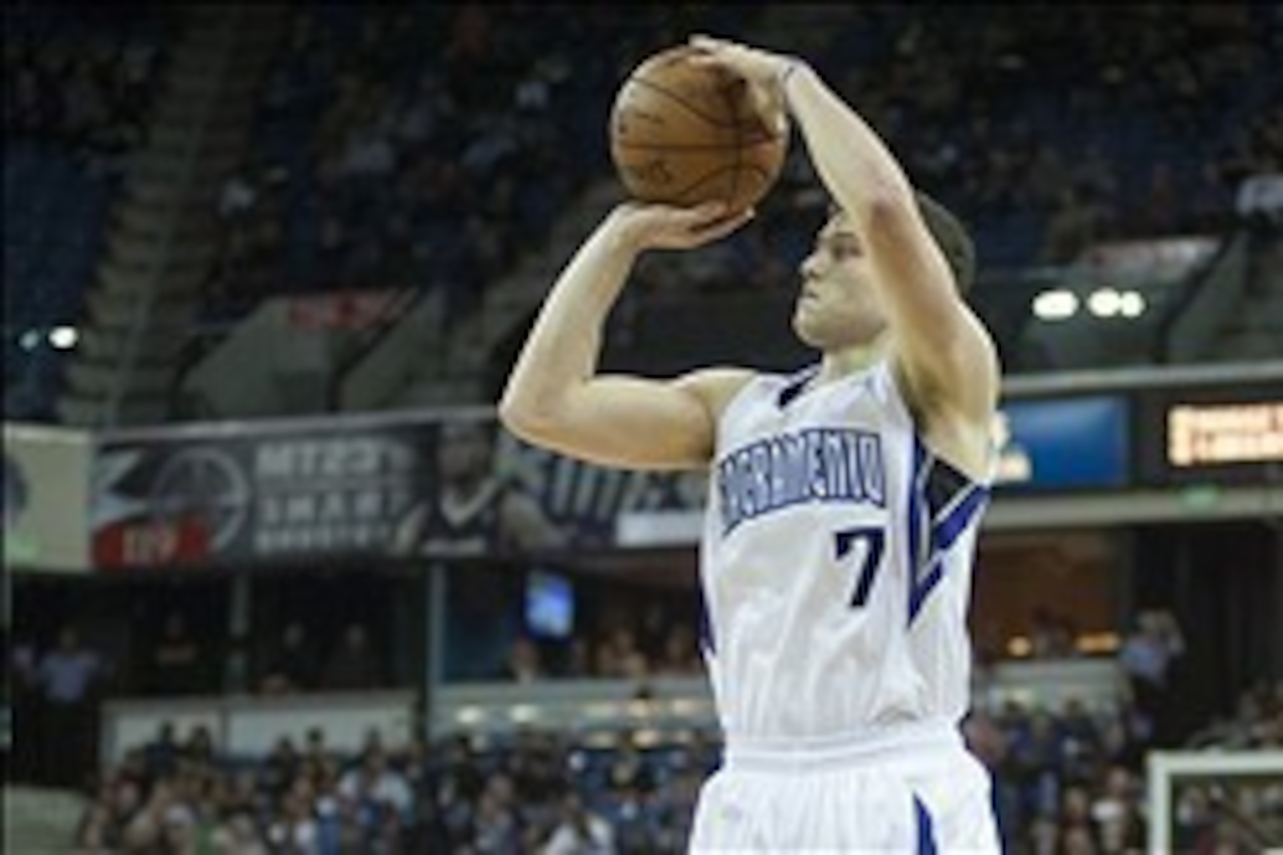 Nov 30, 2012; Sacramento, CA, USA; Sacramento Kings point guard Jimmer Fredette (7) attempts a shot against the Indiana Pacers during the second quarter at Sleep Train Arena. Mandatory Credit: Ed Szczepanski-USA TODAY Sports