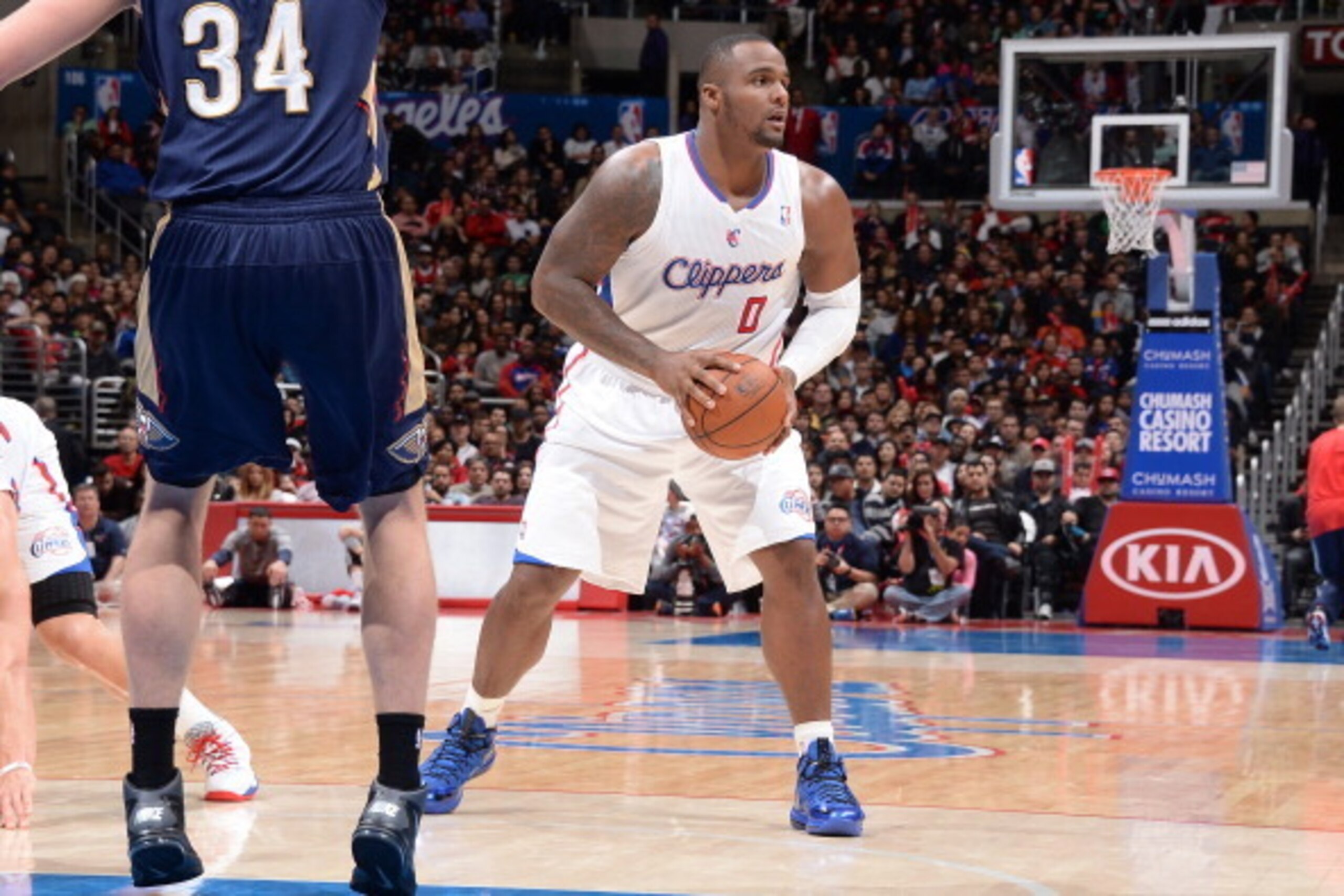 LOS ANGELES, CA - MARCH 1: Glen Davis #0 of the Los Angeles Clippers handles the basketball during a game against the New Orleans Pelicans at STAPLES Center on March 1, 2014 in Los Angeles, California. NOTE TO USER: User expressly acknowledges and agrees 
