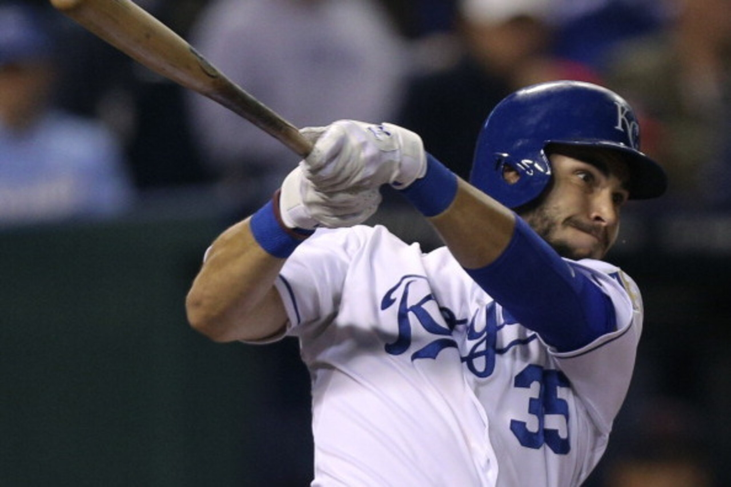 KANSAS CITY, MO - SEPTEMBER 16:  Eric Hosmer #35 of the Kansas City Royals hits a single in the third inning against the Cleveland Indians on September 16, 2013 at Kauffman Stadium in Kansas City, Missouri. (Photo by Ed Zurga/Getty Images)