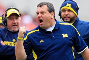 Brady Hoke getting fired up during a game last season.