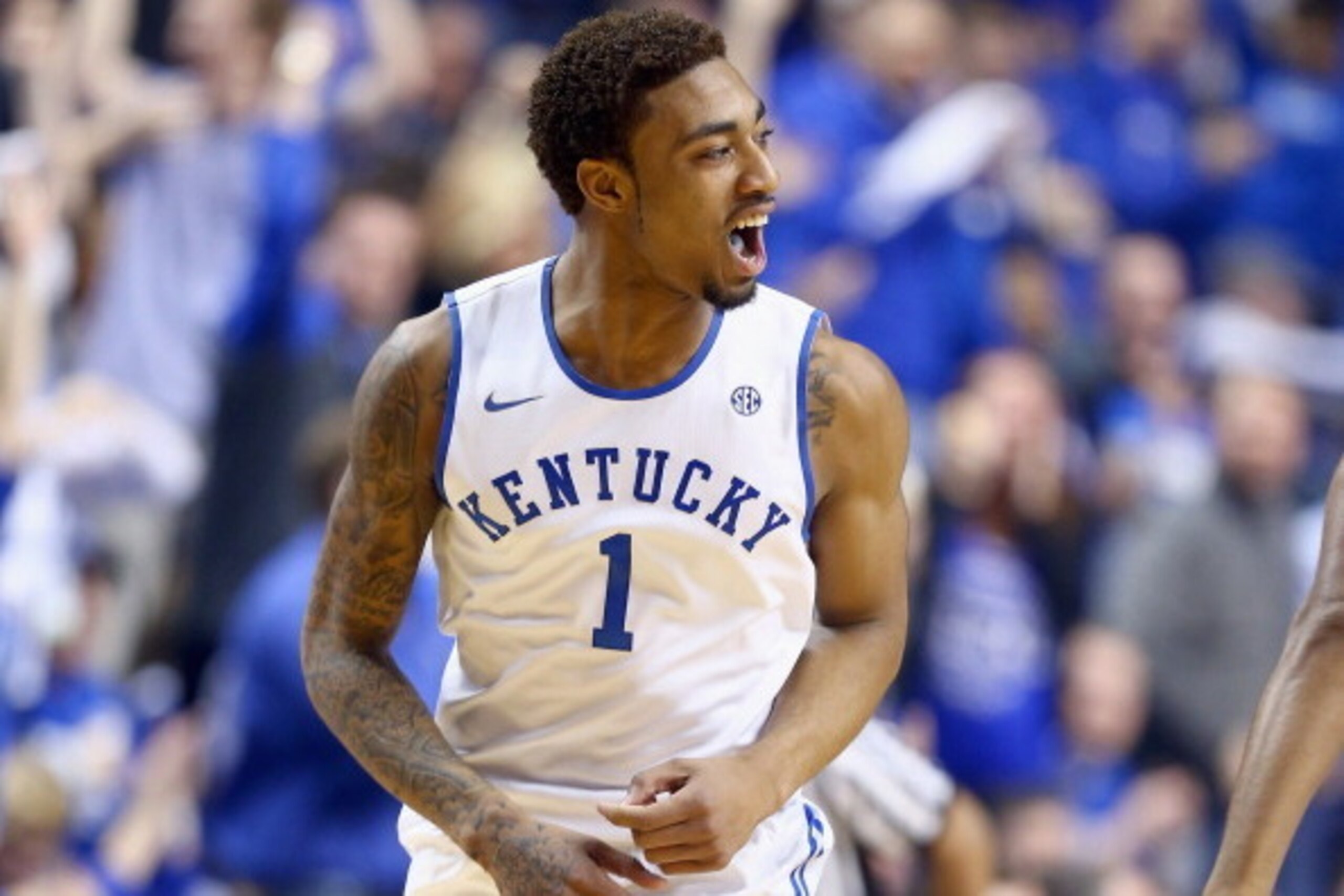 LEXINGTON, KY - FEBRUARY 15:  James Young #1 of the Kentucky Wildcats celebrates during the game against the Florida Gators  at Rupp Arena on February 15, 2014 in Lexington, Kentucky.  (Photo by Andy Lyons/Getty Images)