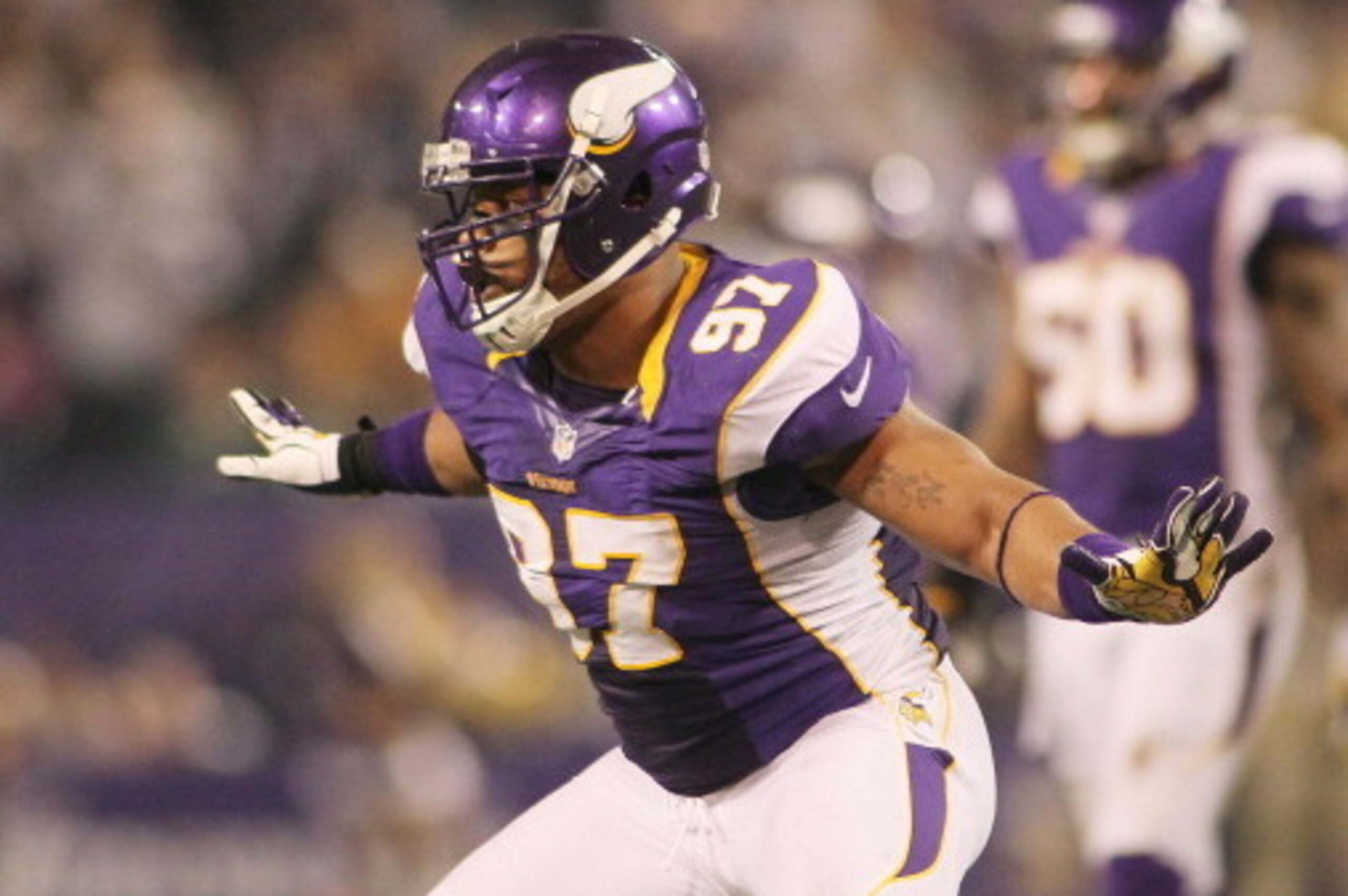 MINNEAPOLIS, MN - DECEMBER 30: Everson Griffen #97 of the Minnesota Vikings celebrates a sack during a game against the Green Bay Packers on December 30, 2012 at Mall of America Field at the Hubert H. Humphrey Metrodome in Minneapolis, Minnesota. The Viki