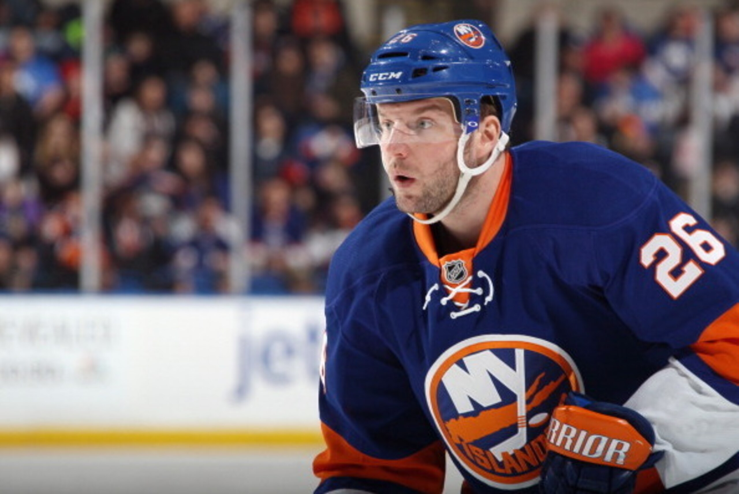 UNIONDALE, NY - FEBRUARY 27: Thomas Vanek #26 of the New York Islanders skates against the New York Islanders at the Nassau Veterans Memorial Coliseum on February 27, 2014 in Uniondale, New York. The Islanders defeated the Maple Leafs 5-4 in overtime.  (P