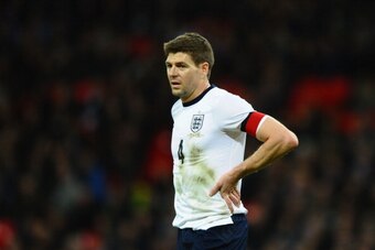 LONDON, ENGLAND - MARCH 05: Steven Gerrard of England looks on during the International Friendly match between England and Denmark at Wembley Stadium on March 5, 2014 in London, England.  (Photo by Laurence Griffiths/Getty Images)