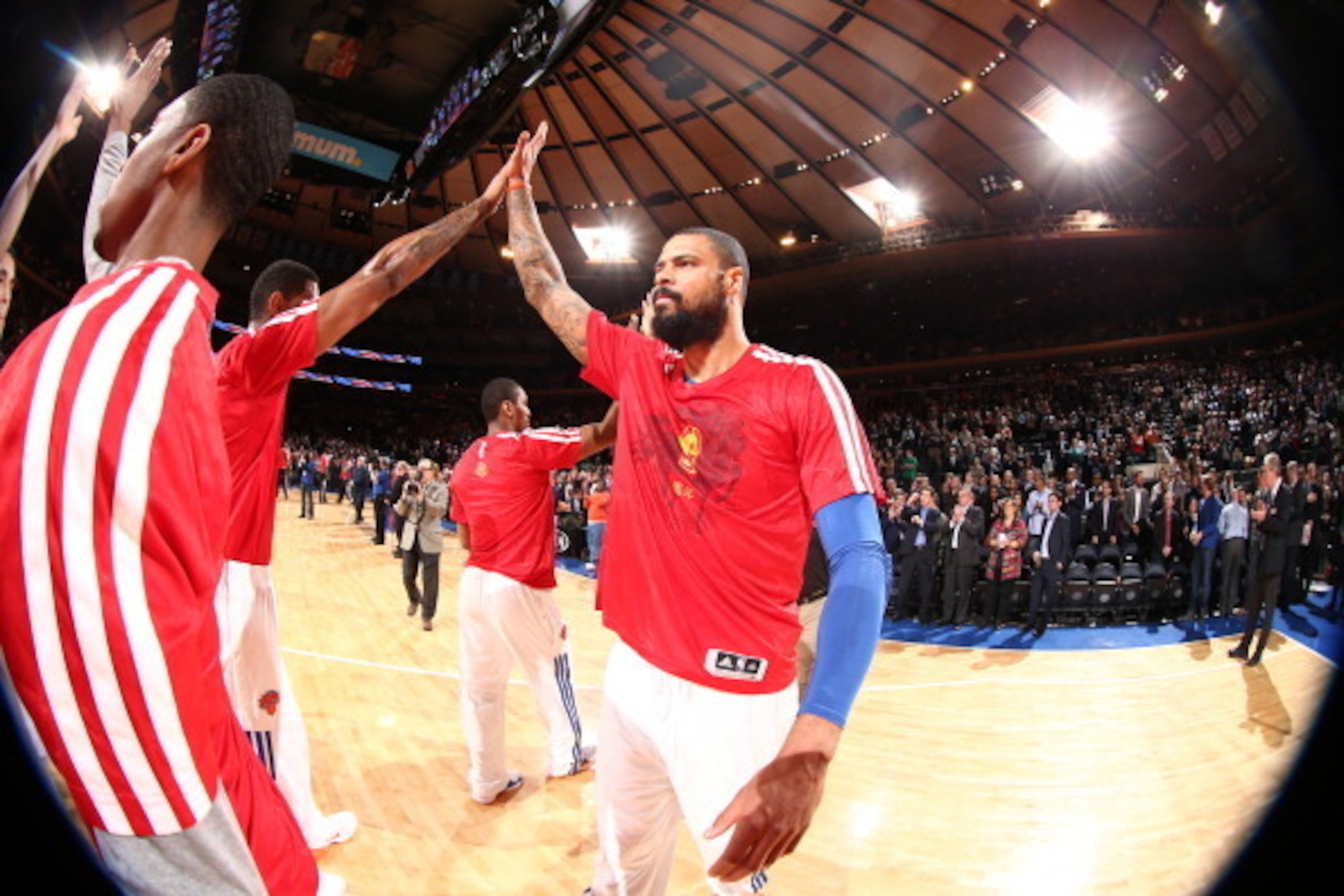 NEW YORK, NY - JANUARY 28: Tyson Chandler #6 of the New York Knicks wears a warm-up jersey in celebration of the Chinese New Year before a game against the Boston Celtics during a game at Madison Square Garden in New York City on January 28, 2014.  NOTE T
