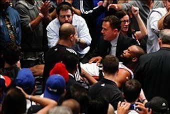 May 6, 2012; New York, NY, USA; New York Knicks point guard Baron Davis (85) is carried off the court after an injury against the Miami Heat during the second half of game four in the Eastern Conference quarterfinals of the 2012 NBA Playoffs at Madison Sq