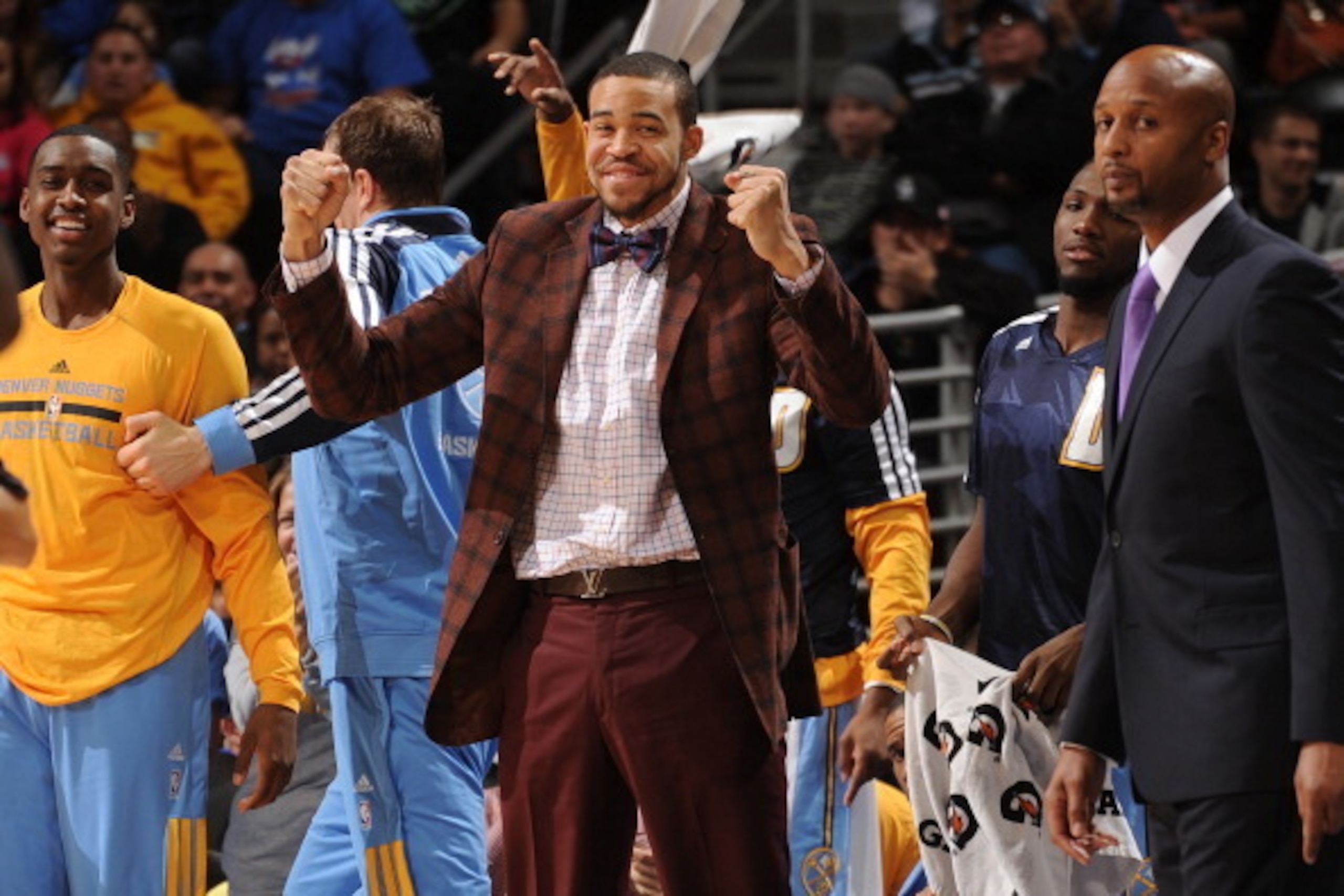 DENVER, CO - DECEMBER 15: JaVale McGee #34 of the Denver Nuggets gets pumped up against the New Orleans Pelicans on December 15, 2013 at the Pepsi Center in Denver, Colorado. NOTE TO USER: User expressly acknowledges and agrees that, by downloading and/or DENVER, CO - DECEMBER 15: JaVale McGee #34 of the Denver Nuggets gets pumped up against the New Orleans Pelicans on December 15, 2013 at the Pepsi Center in Denver, Colorado. NOTE TO USER: User expressly acknowledges and agrees that, by downloading and/or