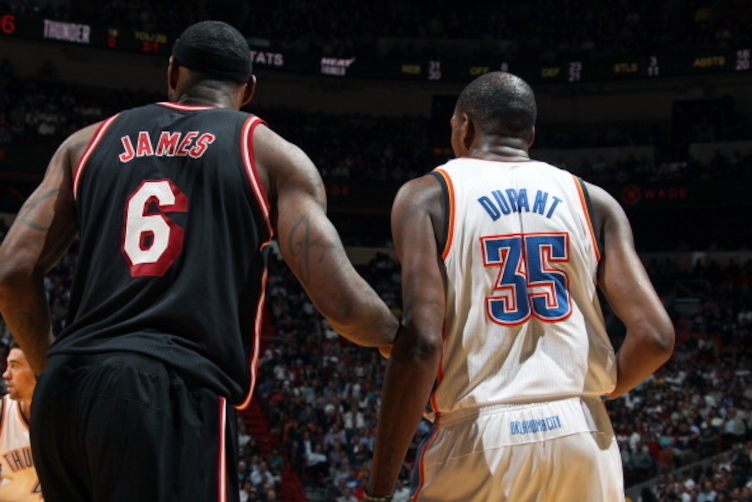 MIAMI, FL - JANUARY 29: LeBron James #6 of the Miami Heat defends his position against Kevin Durant #35 of the Oklahoma City Thunder at the American Airlines Arena in Miami, Florida on Jan. 29, 2014. NOTE TO USER: User expressly acknowledges and agrees th