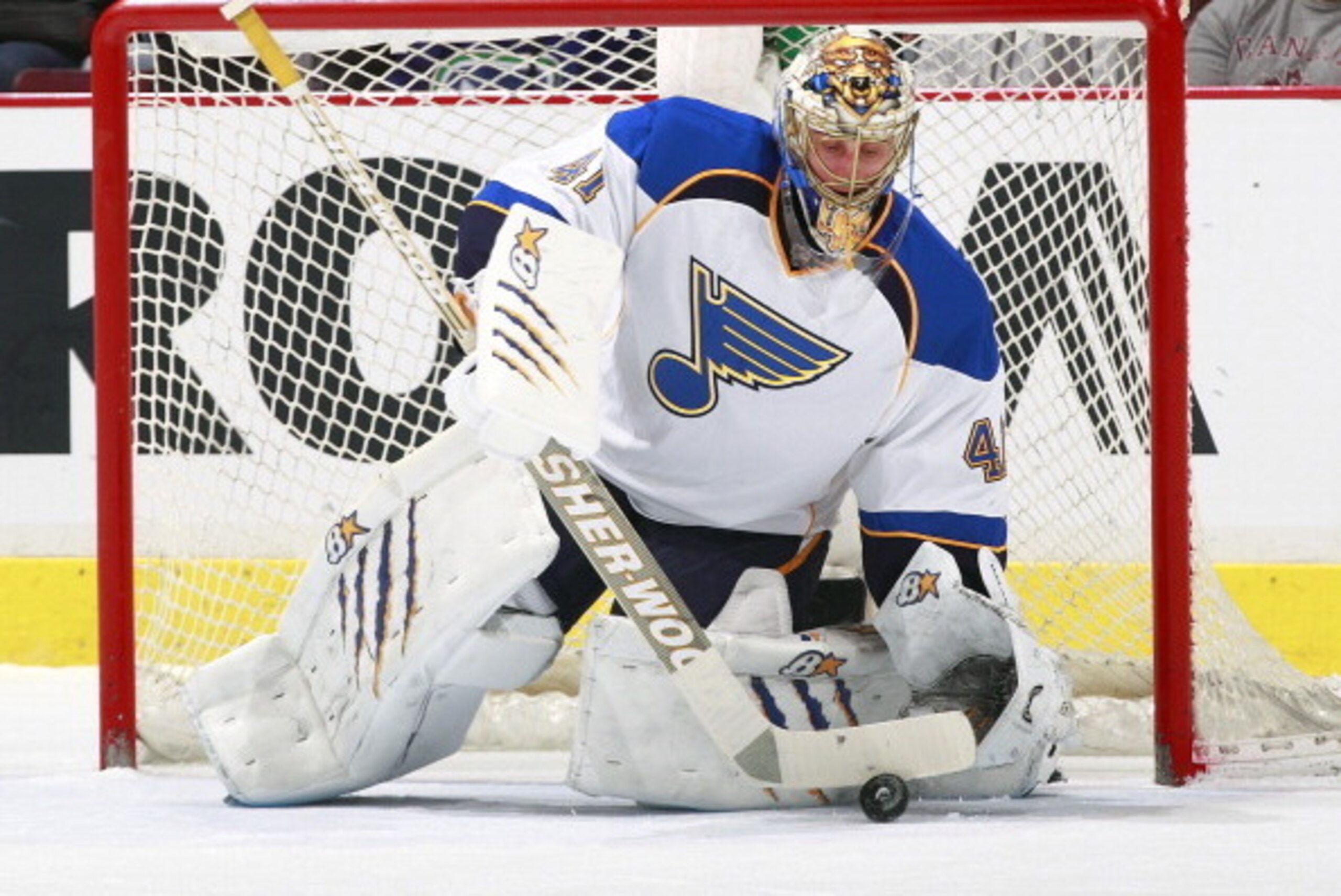 VANCOUVER, BC - FEBRUARY 26:  Jaroslav Halak #41 of the St. Louis Blues makes a save during their NHL game against the Vancouver Canucks at Rogers Arena February 26, 2014 in Vancouver, British Columbia, Canada.    Vancouver won 1-0. (Photo by Jeff Vinnick