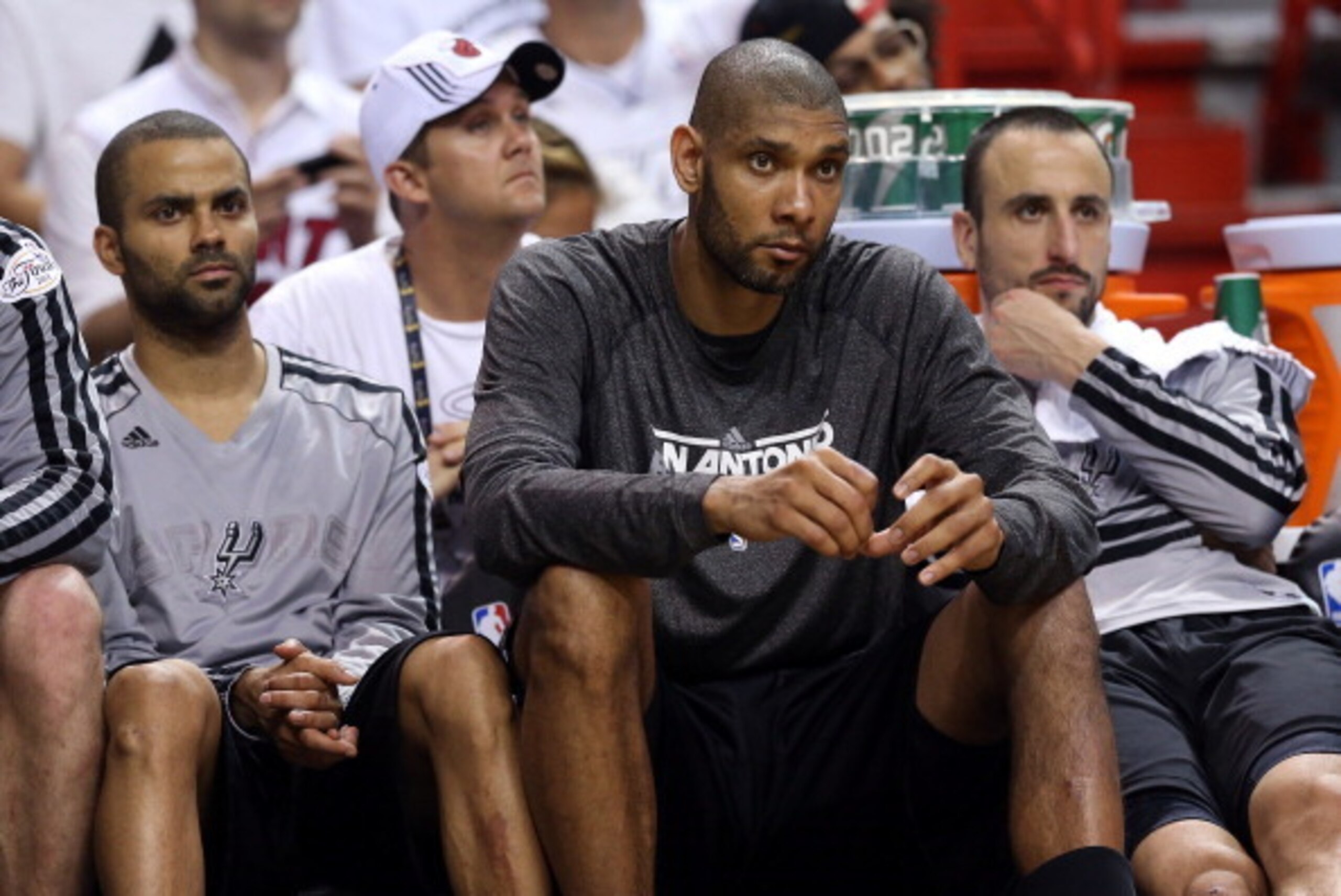 MIAMI, FL - JUNE 09:  Tony Parker #9, Tim Duncan #21 and Manu Ginobili #20 of the San Antonio Spurs sit on the bench late in the fourth quarter while taking on the Miami Heat during Game Two of the 2013 NBA Finals at AmericanAirlines Arena on June 9, 2013