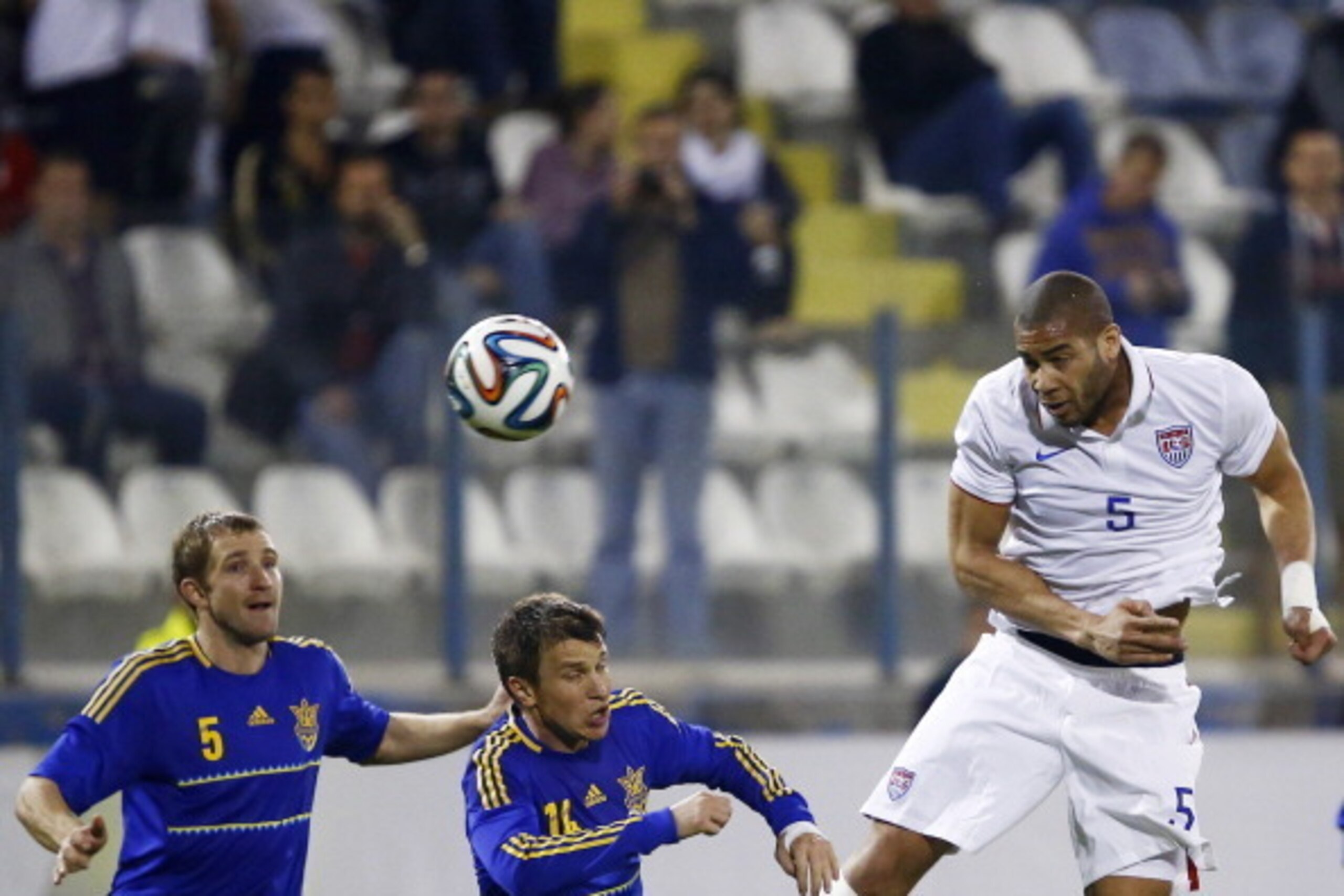 LARNACA, CYPRUS - MARCH 05:  Oguchi Onyewu (R) of the USA in action during the Ukraine v USA International Friendly  at Antonis Papadopoulos stadium on March 5, 2014 in Larnaca, Cyprus.  (Photo by Andrew Caballero-Reynolds/Getty Images)