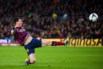 BARCELONA, SPAIN - MARCH 02: Lionel Messi of FC Barcelona kicks the ball during the La Liga match between FC Barcelona and UD Almeria at Camp Nou on March 2, 2014 in Barcelona, Spain.  (Photo by Alex Caparros/Getty Images)
