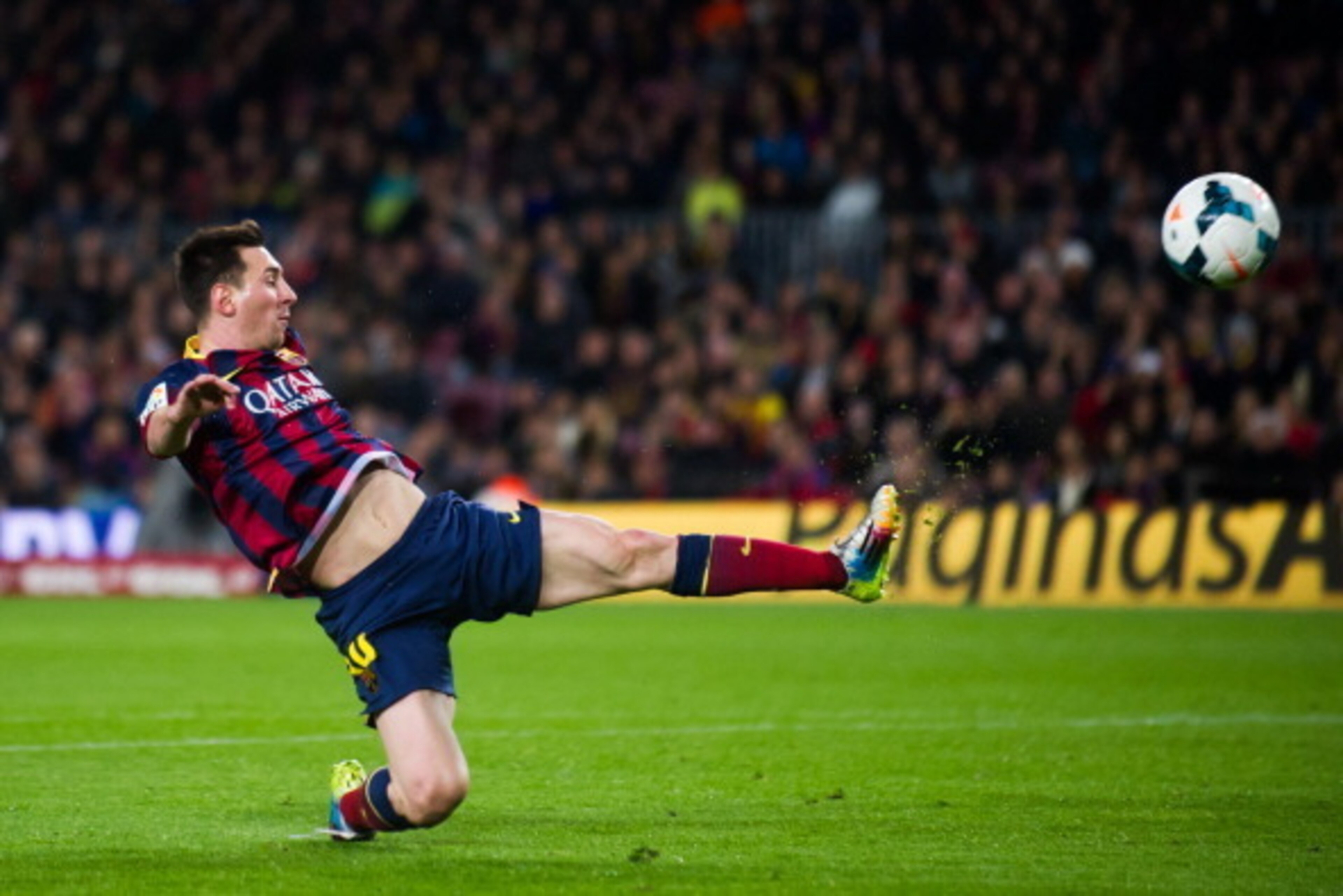 BARCELONA, SPAIN - MARCH 02: Lionel Messi of FC Barcelona kicks the ball during the La Liga match between FC Barcelona and UD Almeria at Camp Nou on March 2, 2014 in Barcelona, Spain.  (Photo by Alex Caparros/Getty Images)