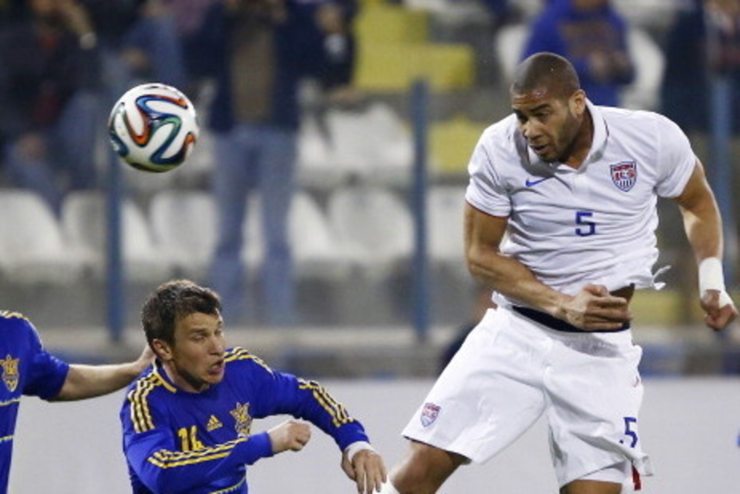 LARNACA, CYPRUS - MARCH 05:  Oguchi Onyewu (R) of the USA in action during the Ukraine v USA International Friendly  at Antonis Papadopoulos stadium on March 5, 2014 in Larnaca, Cyprus.  (Photo by Andrew Caballero-Reynolds/Getty Images)