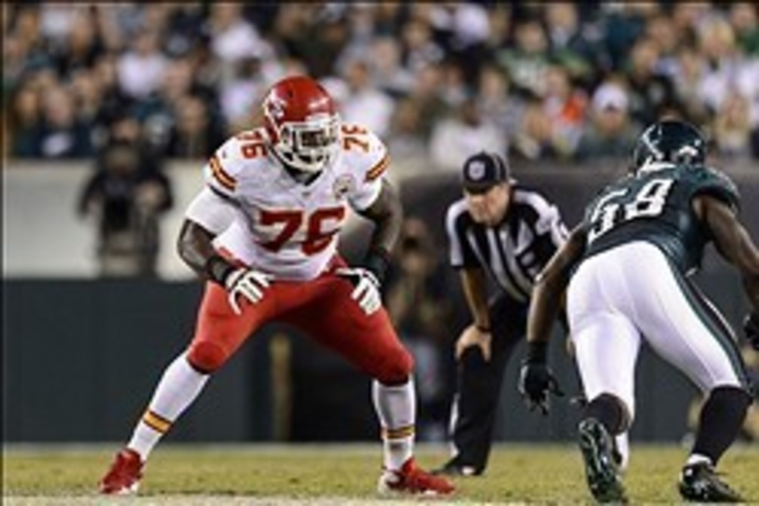 Sep 19, 2013; Philadelphia, PA, USA; Kansas City Chiefs offensive tackle Branden Albert (76) during the third quarter against the Philadelphia Eagles at Lincoln Financial Field. The Chiefs defeated the Eagles 26-16. Mandatory Credit: Howard Smith-USA TODA