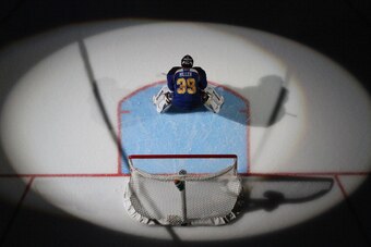 ST. LOUIS, MO - MARCH 4:  Ryan Miller #39 of the St. Louis Blues is introduced to the crowd in his debut home game prior to playing against the Tampa Bay Lightning at the Scottrade Center on March 4, 2014 in St. Louis, Missouri.  The Blues beat the Lightn