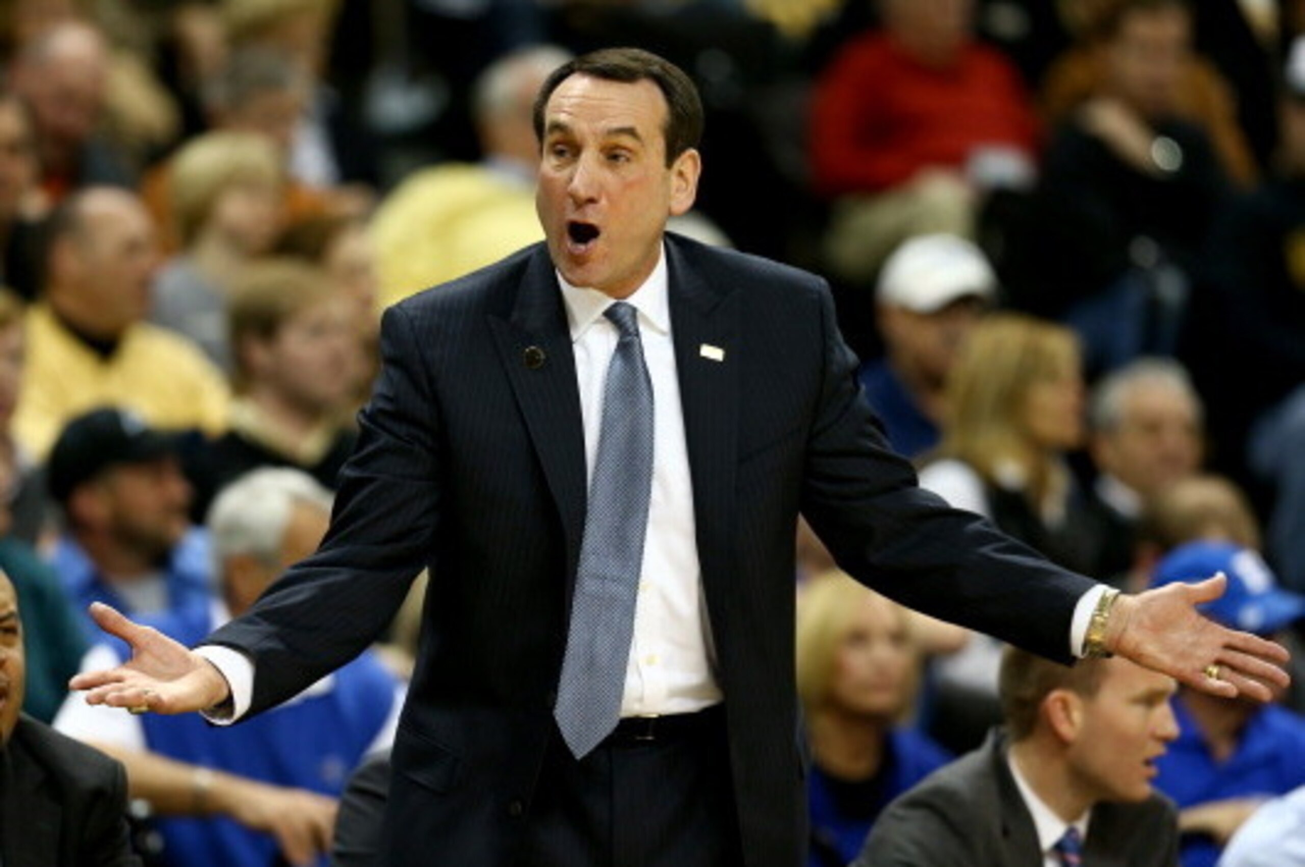 WINSTON-SALEM, NC - MARCH 05:  Head coach Mike Krzyzewski of the Duke Blue Devils reacts to a call during their game against the Wake Forest Demon Deacons at Joel Coliseum on March 5, 2014 in Winston-Salem, North Carolina.  (Photo by Streeter Lecka/Getty 