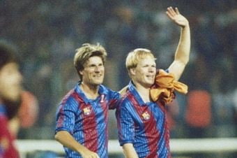 Ronald Koeman (right) and Michael Laudrup of Barcelona after their team beat Sampdoria 1-0 to win the European Cup Final at Wembley Stadium, London, 20th May 1992. Koeman's free-kick won the match. (Photo by David Cannon/Getty Images)