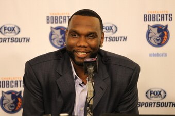CHARLOTTE, NC - JULY 10:  Al Jefferson #25 of the Charlotte Bobcats speaks to the media at his introductory press conference as a member of the Bobcats at the Time Warner Cable Arena in Charlotte, North Carolina on July 10, 2013.  NOTE TO USER: User expre