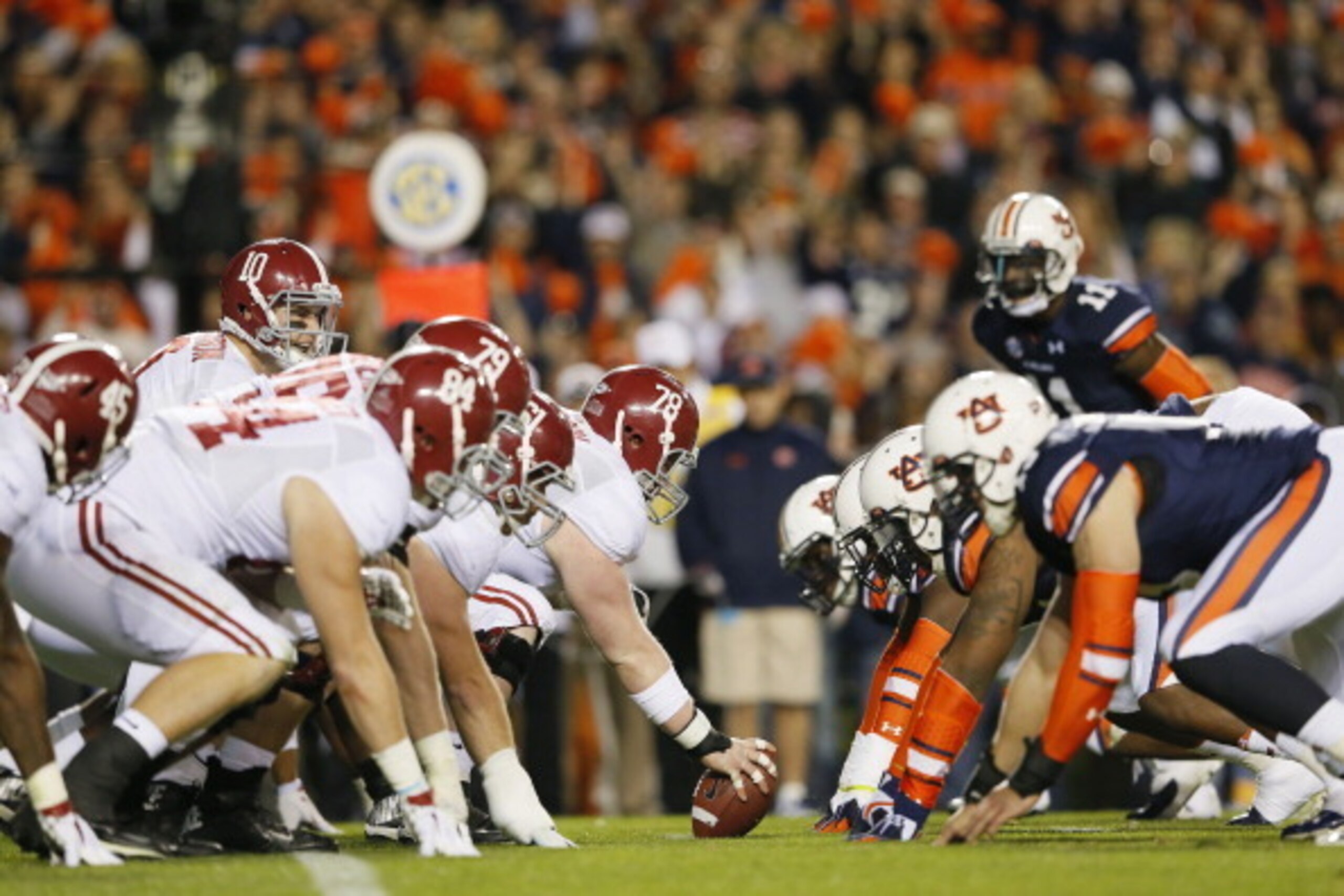 AUBURN, AL - NOVEMBER 30:  The line of scrimmage as the Alabama Crimson Tide line up against the Auburn Tigers in the third quarter at Jordan-Hare Stadium on November 30, 2013 in Auburn, Alabama.  (Photo by Kevin C. Cox/Getty Images)