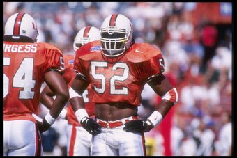 4 Nov 1995:  Ray Lewis of the Miami Hurricanes looks on during a game against the Baylor Bears at the Orange Bowl in Coral Gables, Florida.  Miami won the game, 35-14. Mandatory Credit: Andy Lyons  /Allsport