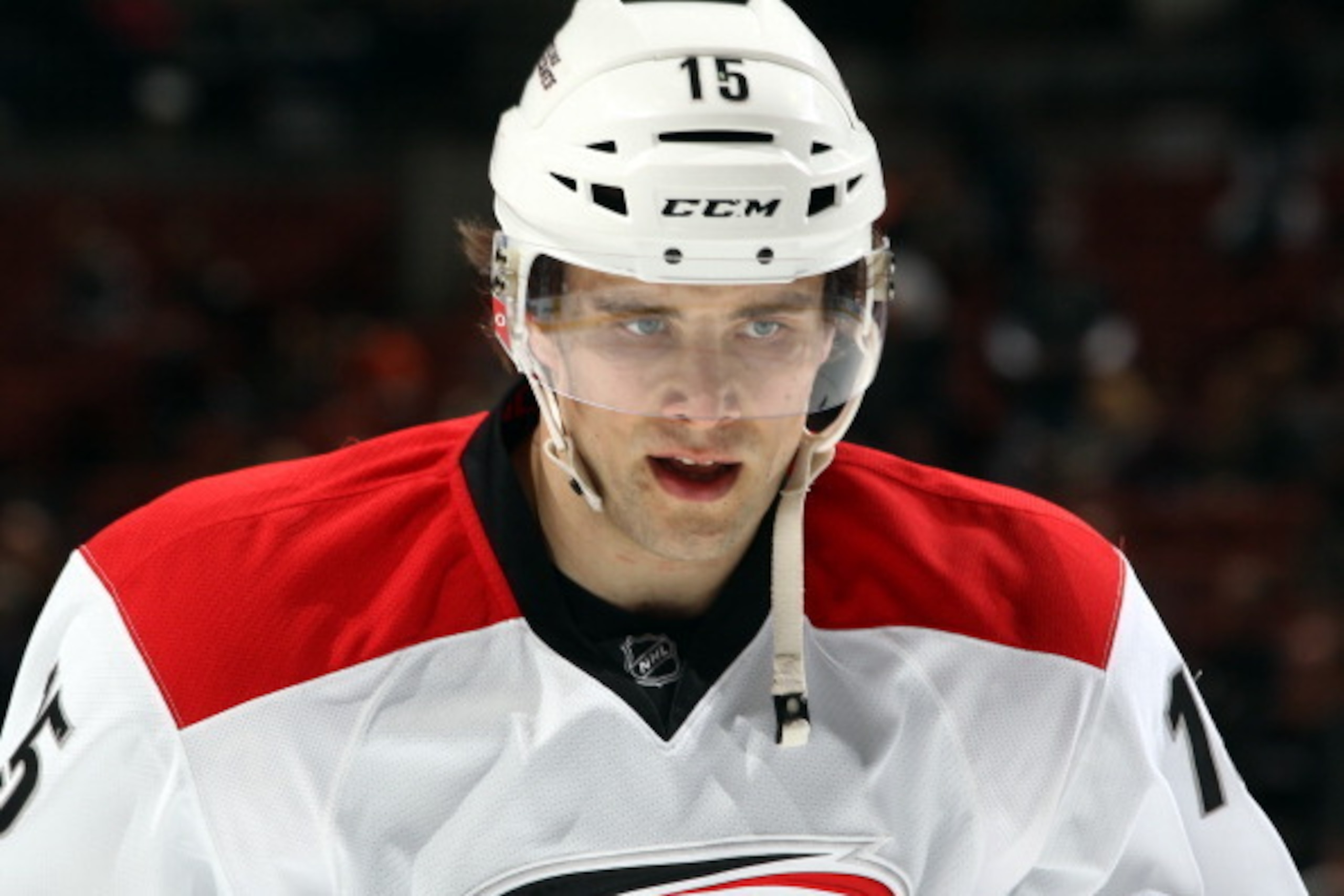 ANAHEIM, CA - MARCH 2:  Tuomo Ruutu #15 of the Carolina Hurricanes looks on before the game against the Anaheim Ducks on March 2, 2014 at Honda Center in Anaheim, California. (Photo by Debora Robinson/NHLI via Getty Images)