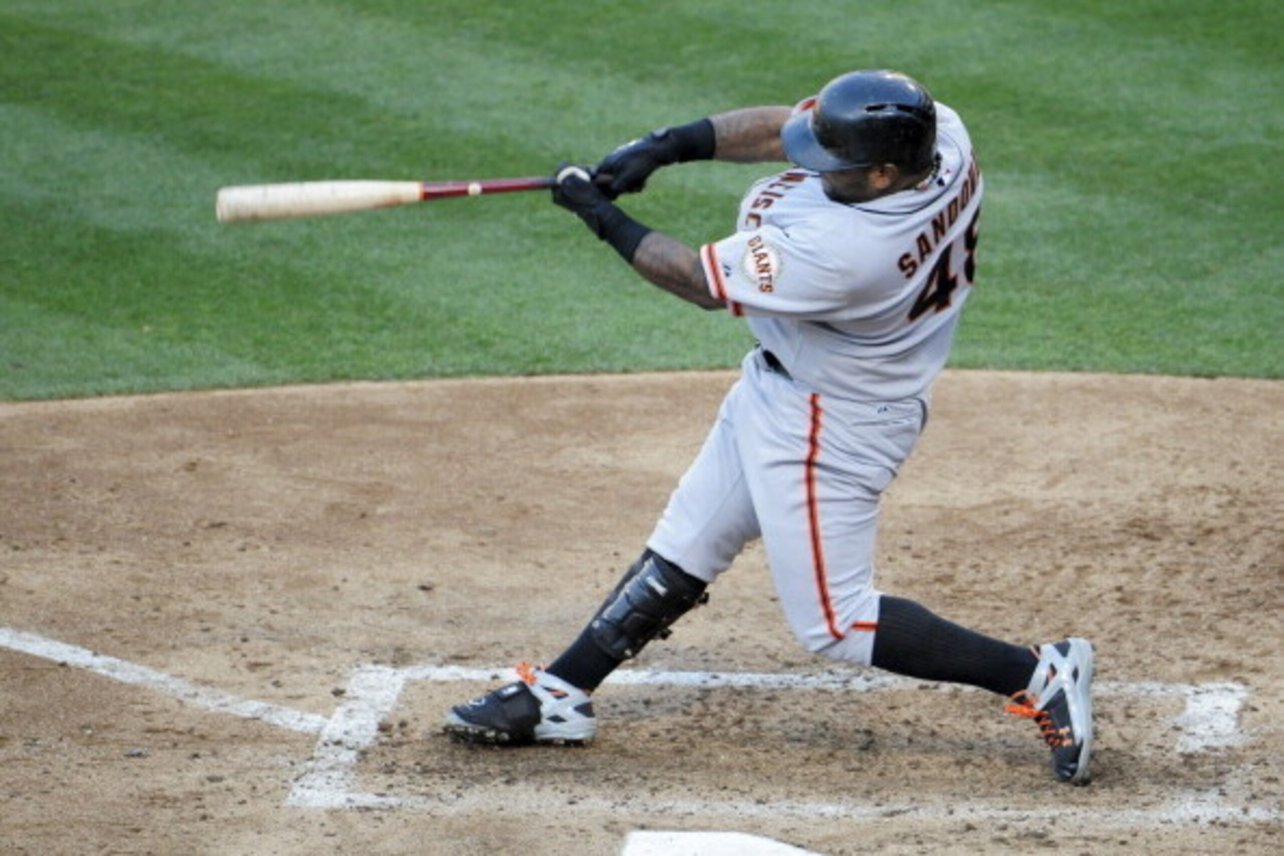 SAN DIEGO, CA - SEPTEMBER 4:  Pablo Sandoval #48 of the San Francisco Giants hits a solo home run during the fifth inning of a baseball game against the San Diego Padres at Petco Park on September 4, 2013 in San Diego, California.  (Photo by Denis Poroy/G