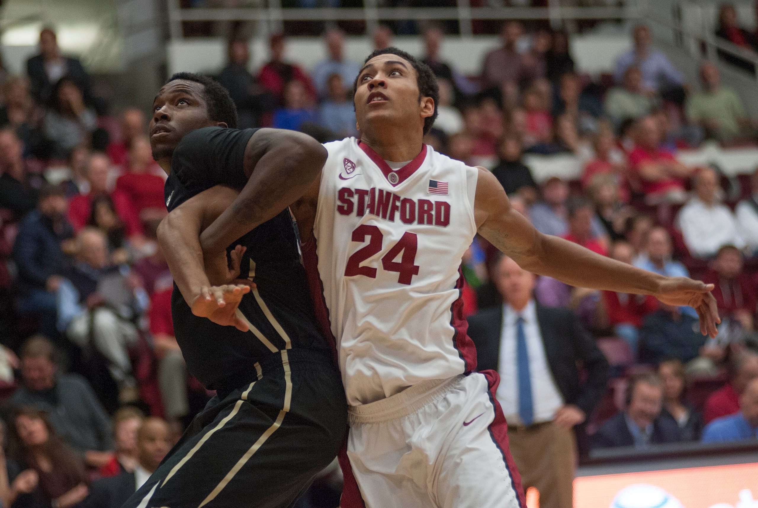 Mar 5, 2014; Stanford, CA, USA; Colorado Buffaloes forward Wesley Gordon (1) and Stanford Cardinal forward Josh Huestis (24) fight for position under the basket during the first half at Maples Pavilion. Mandatory Credit: Ed Szczepanski-USA TODAY Sports