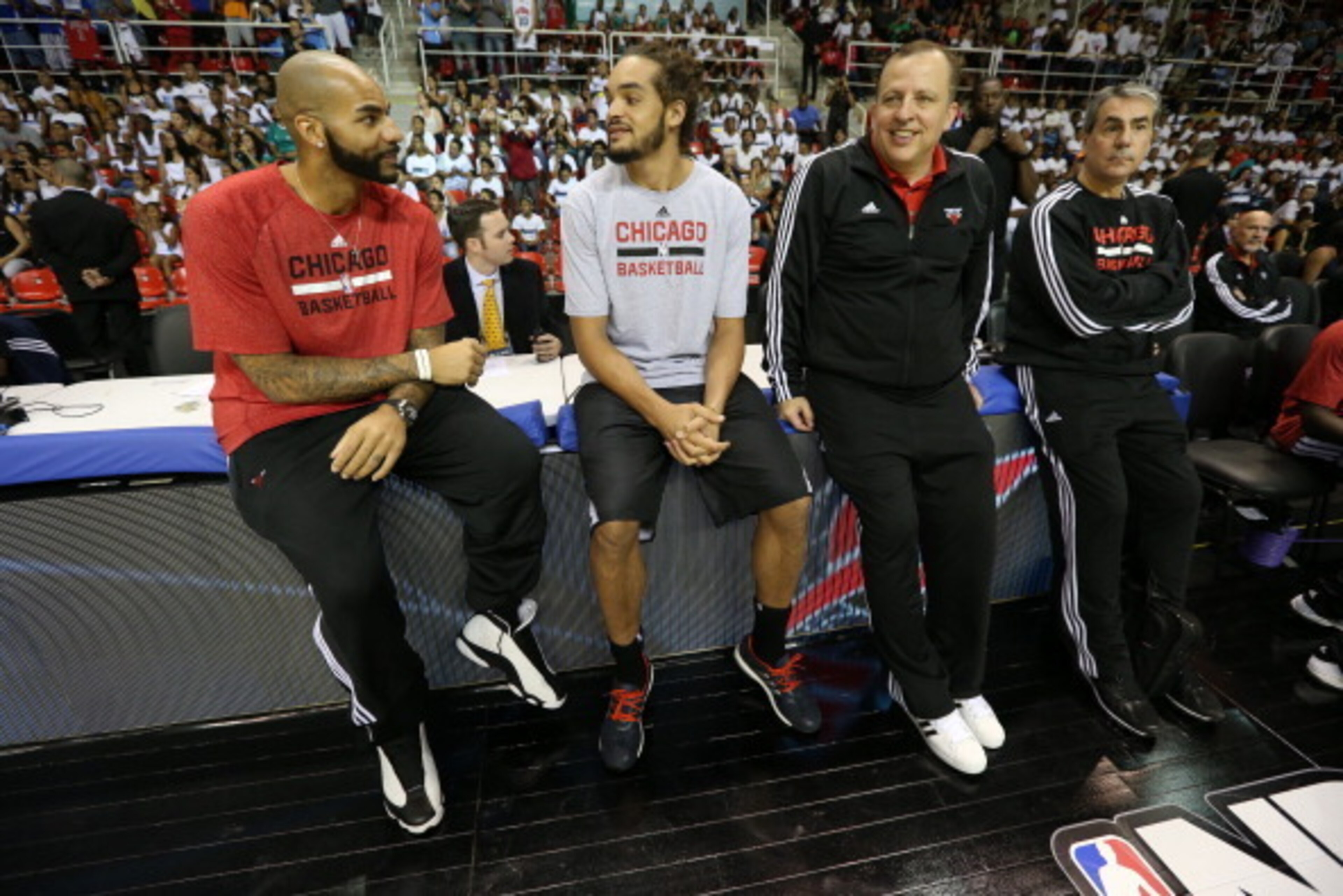 RIO DE JANIERO, BRAZIL - OCTOBER 10: Joakim Noah #13, Carlos Boozer and Tom Thibodeau of the Chicago Bulls look on during Fan Appreciation Day as part of 2013 Global Games on October 10, 2013 at HSBC Arena in Rio de Janiero, Brazil. NOTE TO USER: User exp RIO DE JANIERO, BRAZIL - OCTOBER 10: Joakim Noah #13, Carlos Boozer and Tom Thibodeau of the Chicago Bulls look on during Fan Appreciation Day as part of 2013 Global Games on October 10, 2013 at HSBC Arena in Rio de Janiero, Brazil. NOTE TO USER: User exp