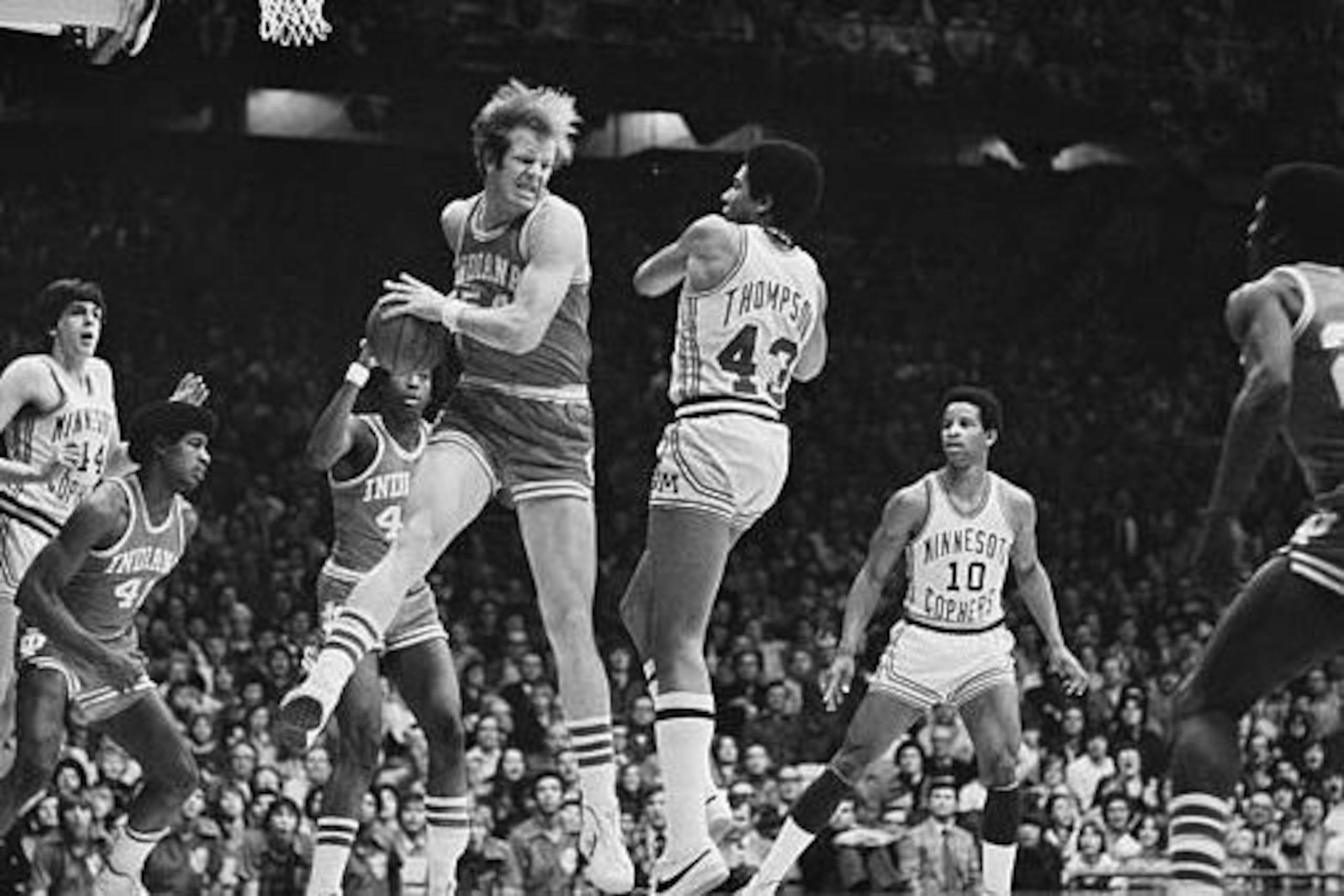 Center Kent Benson of Indiana grabs a rebound against Minnesota's Mychal Thompson.