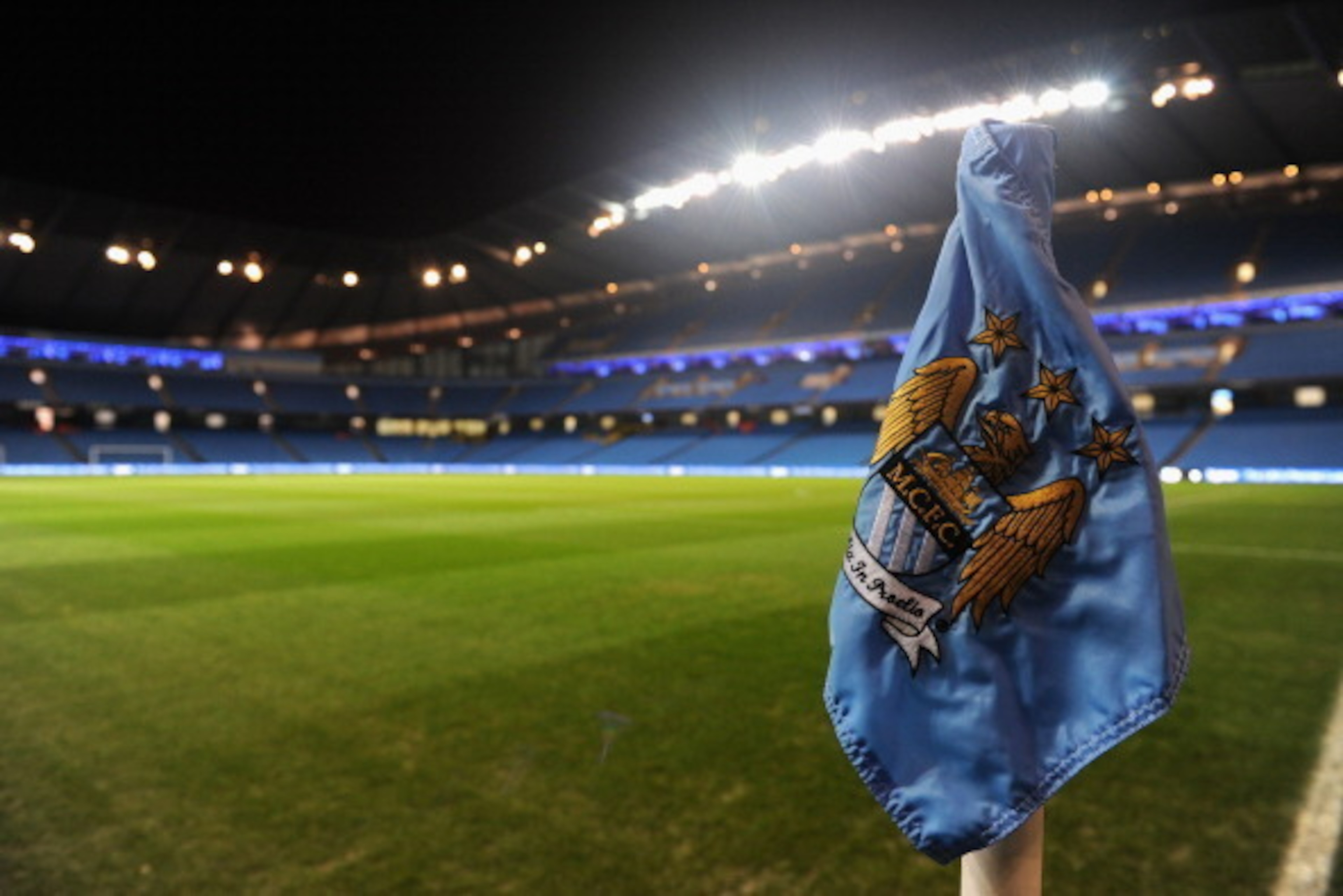 MANCHESTER, ENGLAND - JANUARY 15:  General View of a corner flag prior to the Budweiser FA Cup Third Round Replay match between Manchester City and Blackburn Rovers at the Etihad Stadium on January 15, 2014 in Manchester, England.  (Photo by Chris Brunski