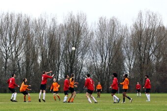 LONDON, ENGLAND - MARCH 04:  A general view of two teams in action at Hackney Marshes on March 4, 2012 in London, England. Hackney Marshes in east London has been hosting Sunday league football since 1947 where the Hackney & Leyton Sunday League began. Th