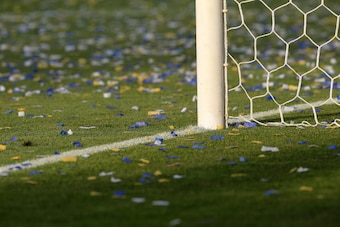 CARSON, CA - JUNE 5: Confetti lies on thefield around the goal post during the game between the Houston Dynamo and the Los Angeles Galaxy on June 5, 2010 at the Home Depot Center in Carson, California. The Galaxy won 4-1.  (Photo by Stephen Dunn/Getty Ima