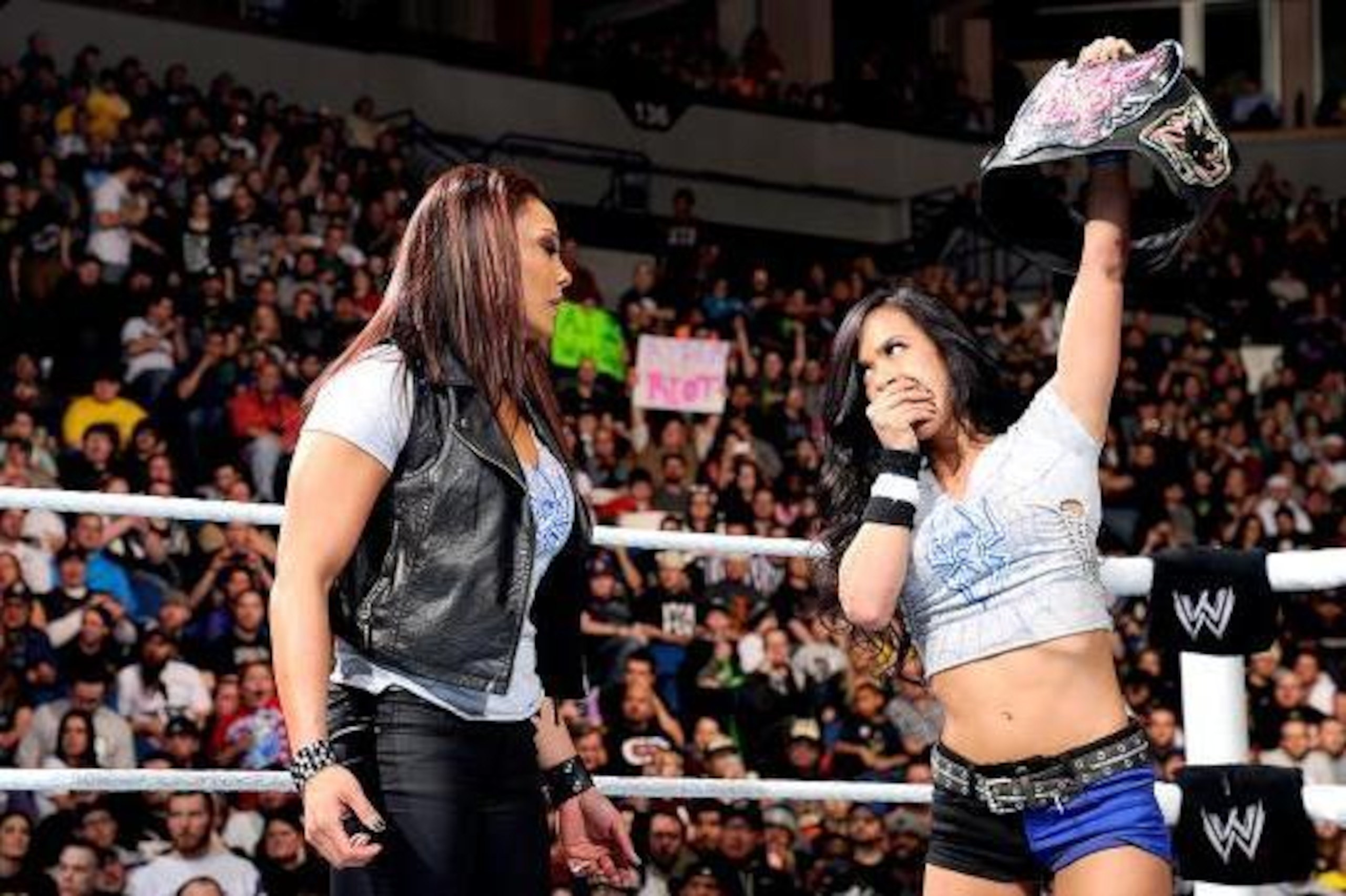 AJ Lee upset with Tamina Snuka at Elimination Chamber