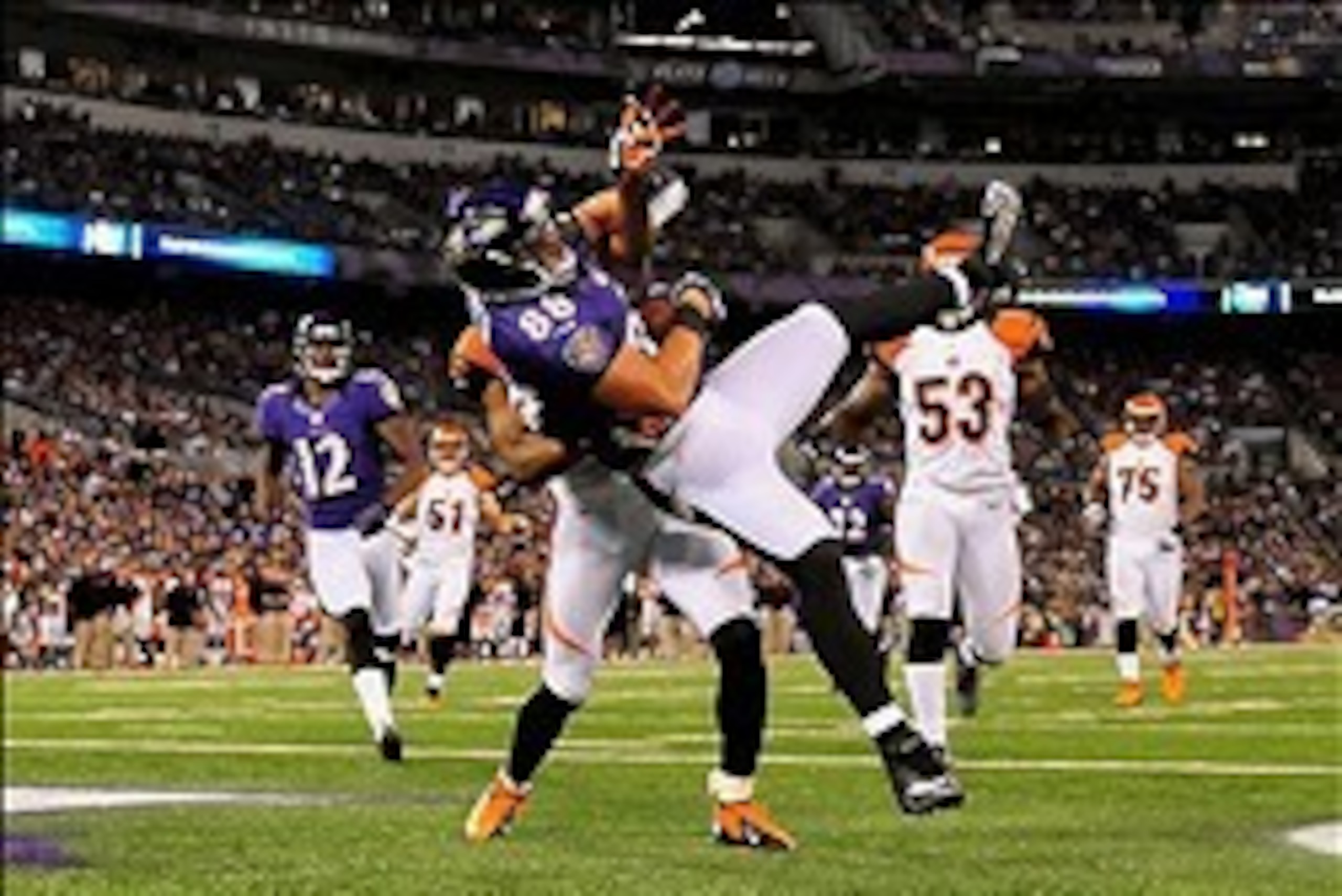 September 10, 2012; Baltimore, MD, USA; Baltimore Ravens tight end Dennis Pitta (88) catches a touchdown pass during the game against the Cincinnati Bengals at M&T Bank Stadium. Mandatory Credit: Evan Habeeb-USA TODAY Sports