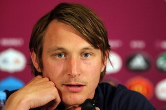 KIEV, UKRAINE - JUNE 18:  In this handout image provided by UEFA, Kim Kallstrom of Sweden talks to the media during a UEFA EURO 2012 press conference at the Olympic Stadium on June 18, 2012 in Kiev, Ukraine.  (Photo by Handout/UEFA via Getty Images)