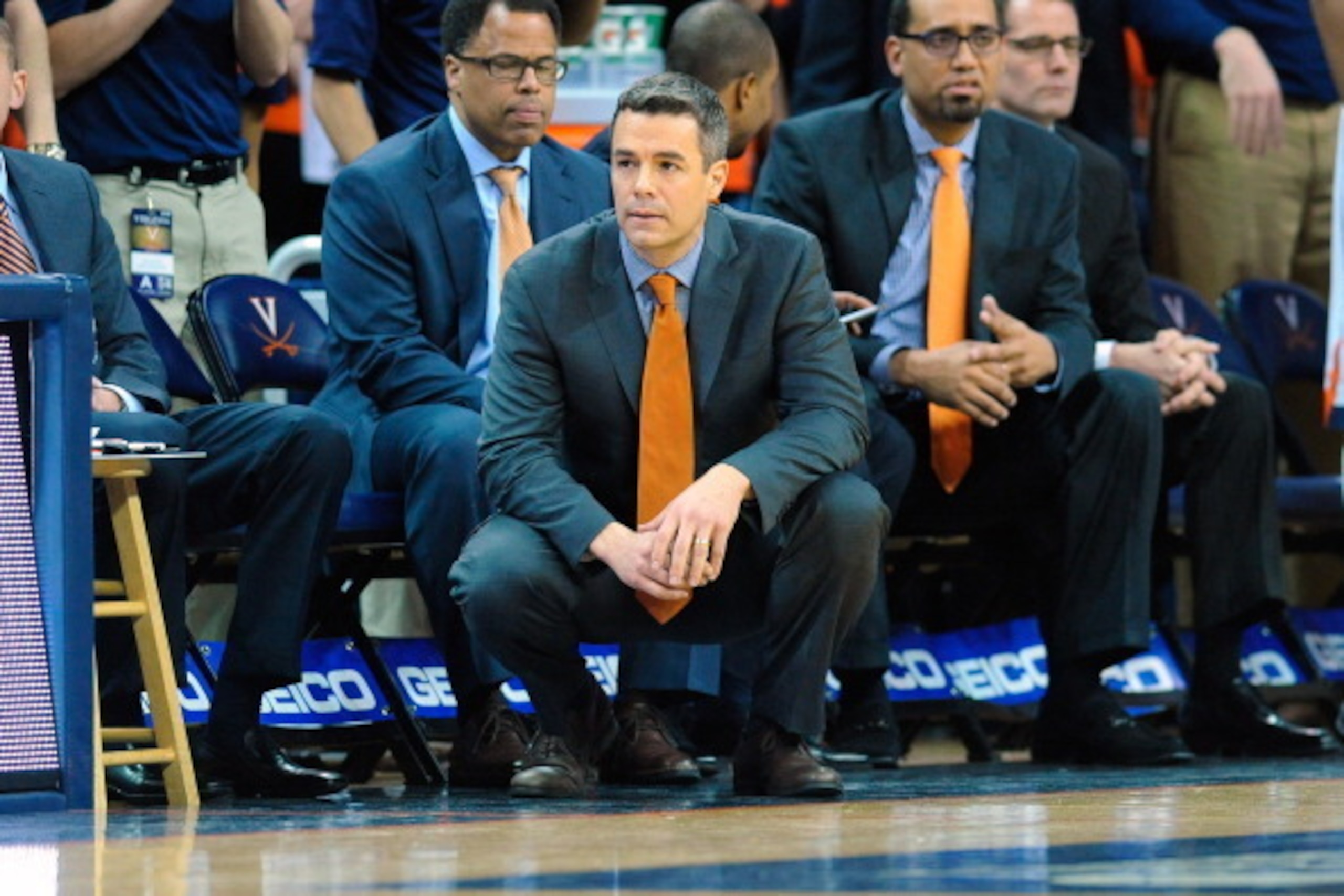 CHARLOTTESVILLE, VA - MARCH 01: Head coach Tony Bennett of the Virginia Cavaliers looks on against the Syracuse Orange during the second half at John Paul Jones Arena on March 1, 2014 in Charlottesville, Virginia. Virginia defeated Syracuse 75-56. (Pho CHARLOTTESVILLE, VA - MARCH 01: Head coach Tony Bennett of the Virginia Cavaliers looks on against the Syracuse Orange during the second half at John Paul Jones Arena on March 1, 2014 in Charlottesville, Virginia. Virginia defeated Syracuse 75-56. (Pho